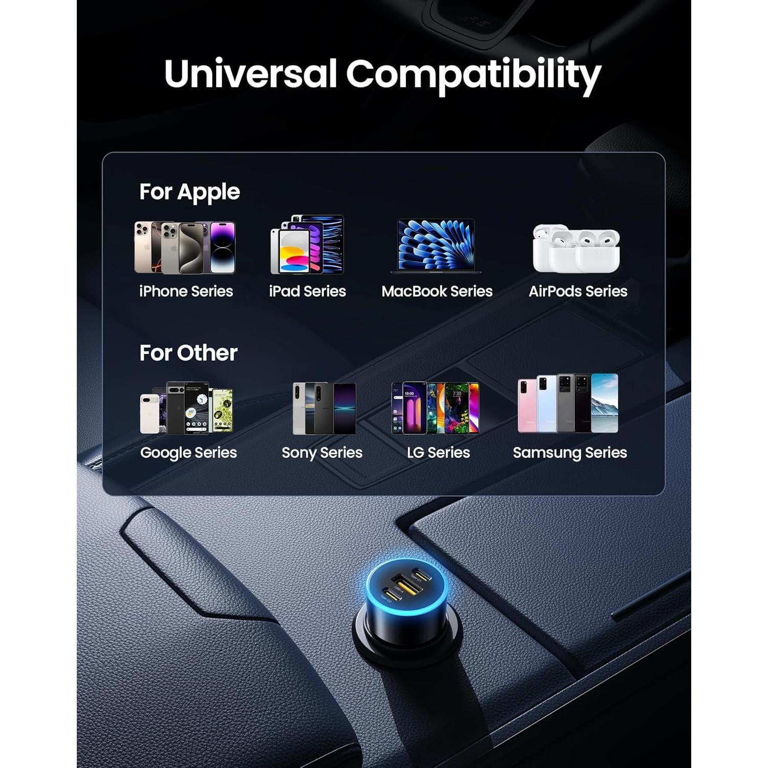 Cargador de Coche USB C PISEN 60W 3 Puertos Carga Rápida