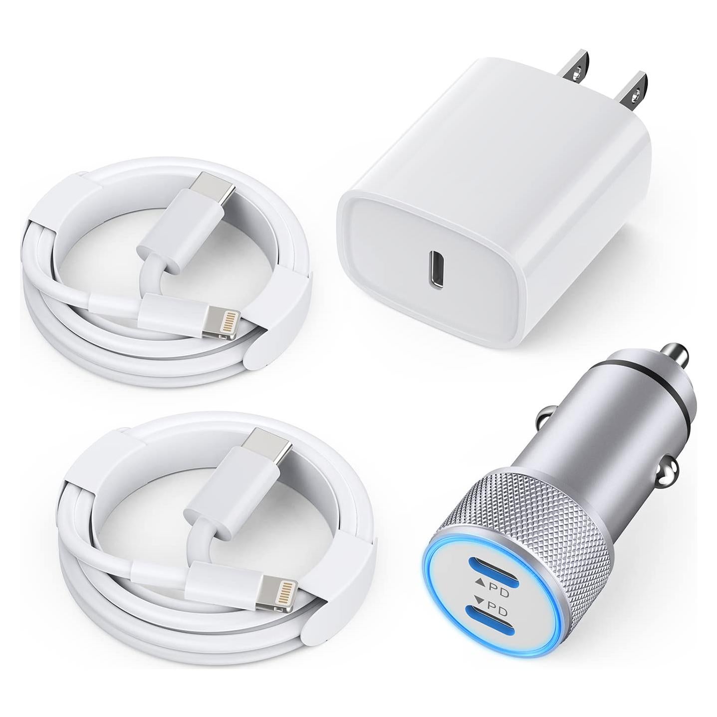 Cargador de coche rápido 40W Dual USB C + 2 cables Lightning