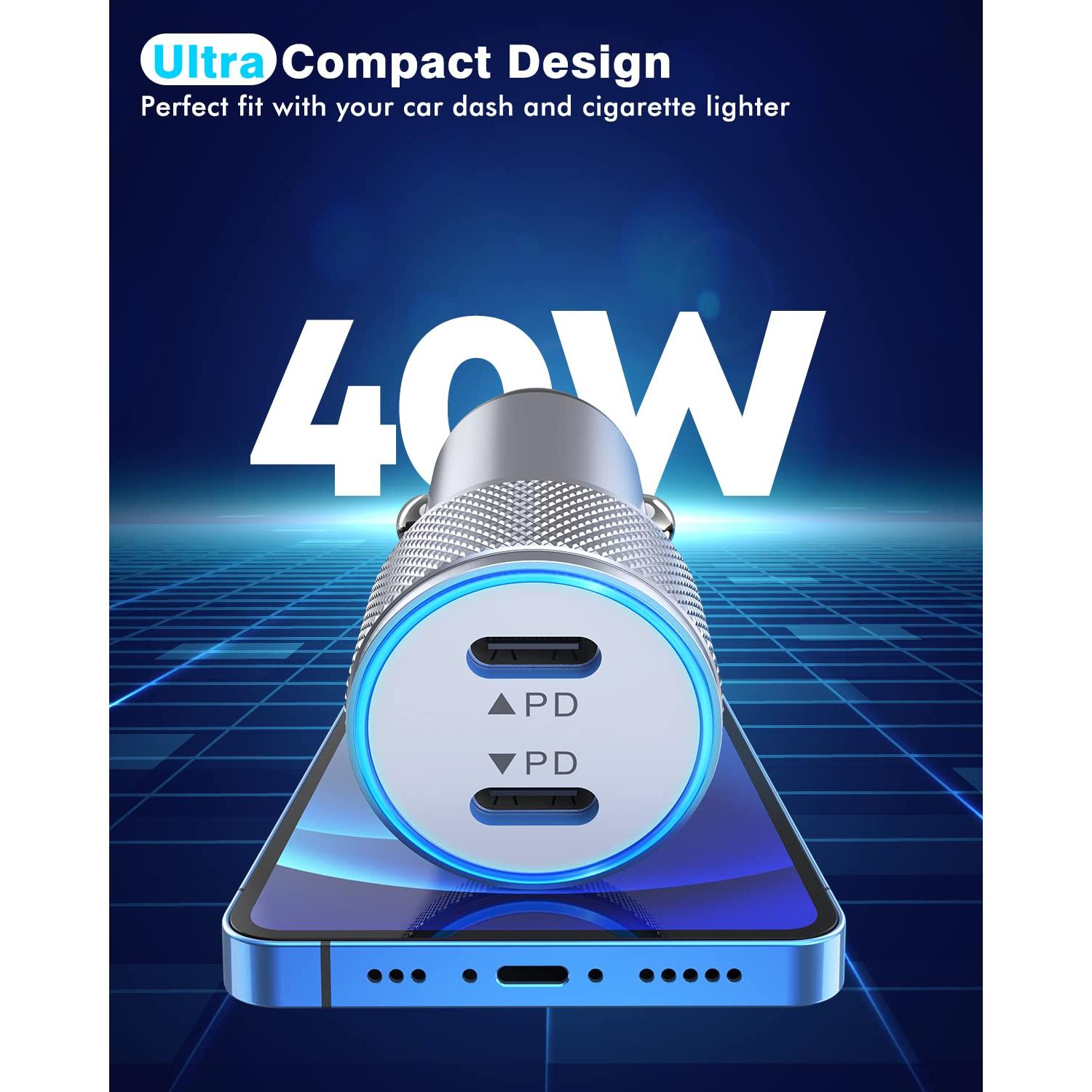 Cargador de coche rápido 40W Dual USB C + 2 cables Lightning