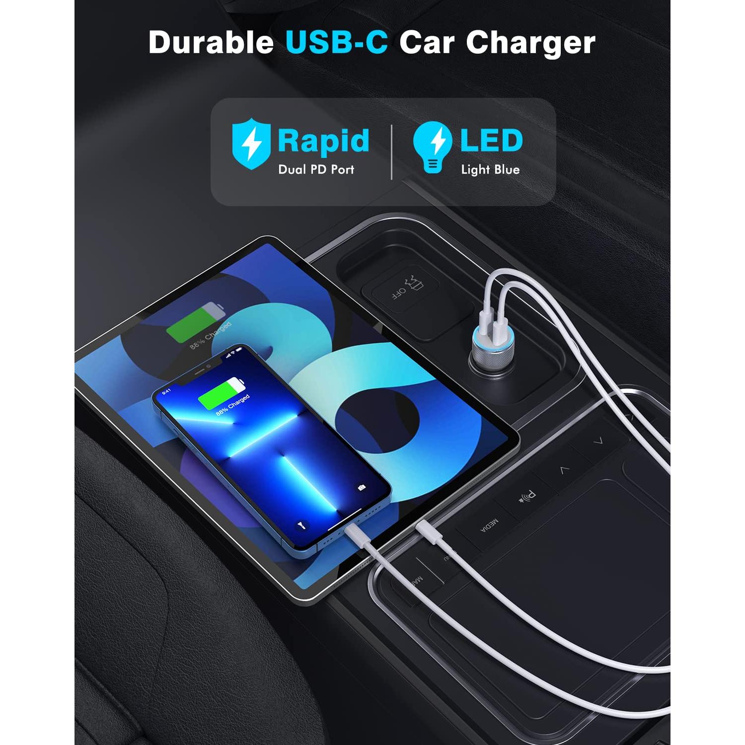 Cargador de coche rápido 40W Dual USB C + 2 cables Lightning