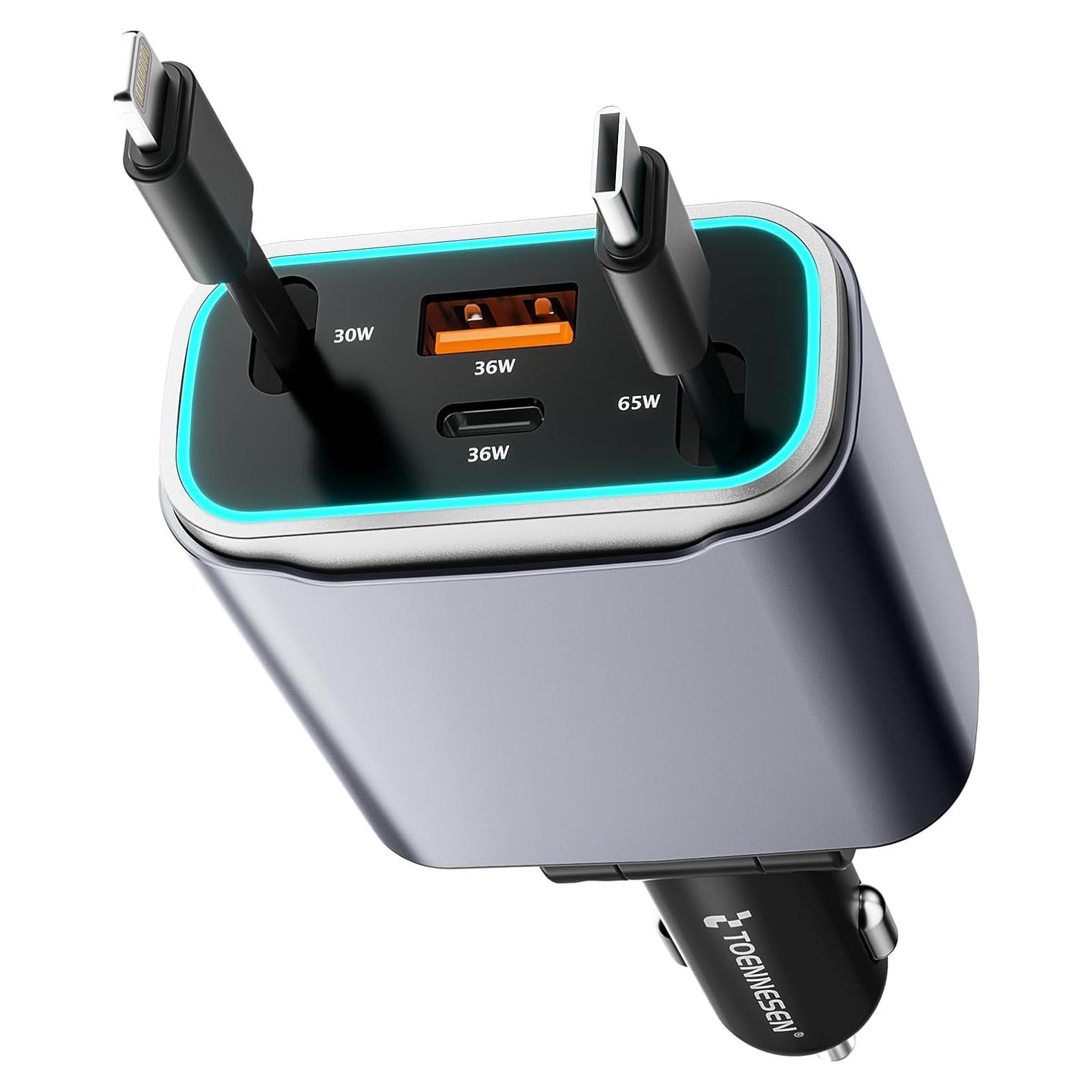 Cargador de Coche USB C 131W 4-en-1 con Cables Retráctiles