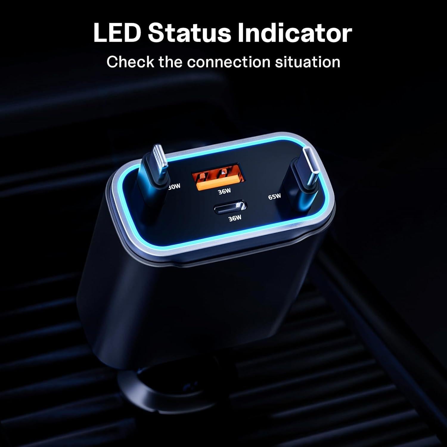 Cargador de Coche USB C 131W 4-en-1 con Cables Retráctiles