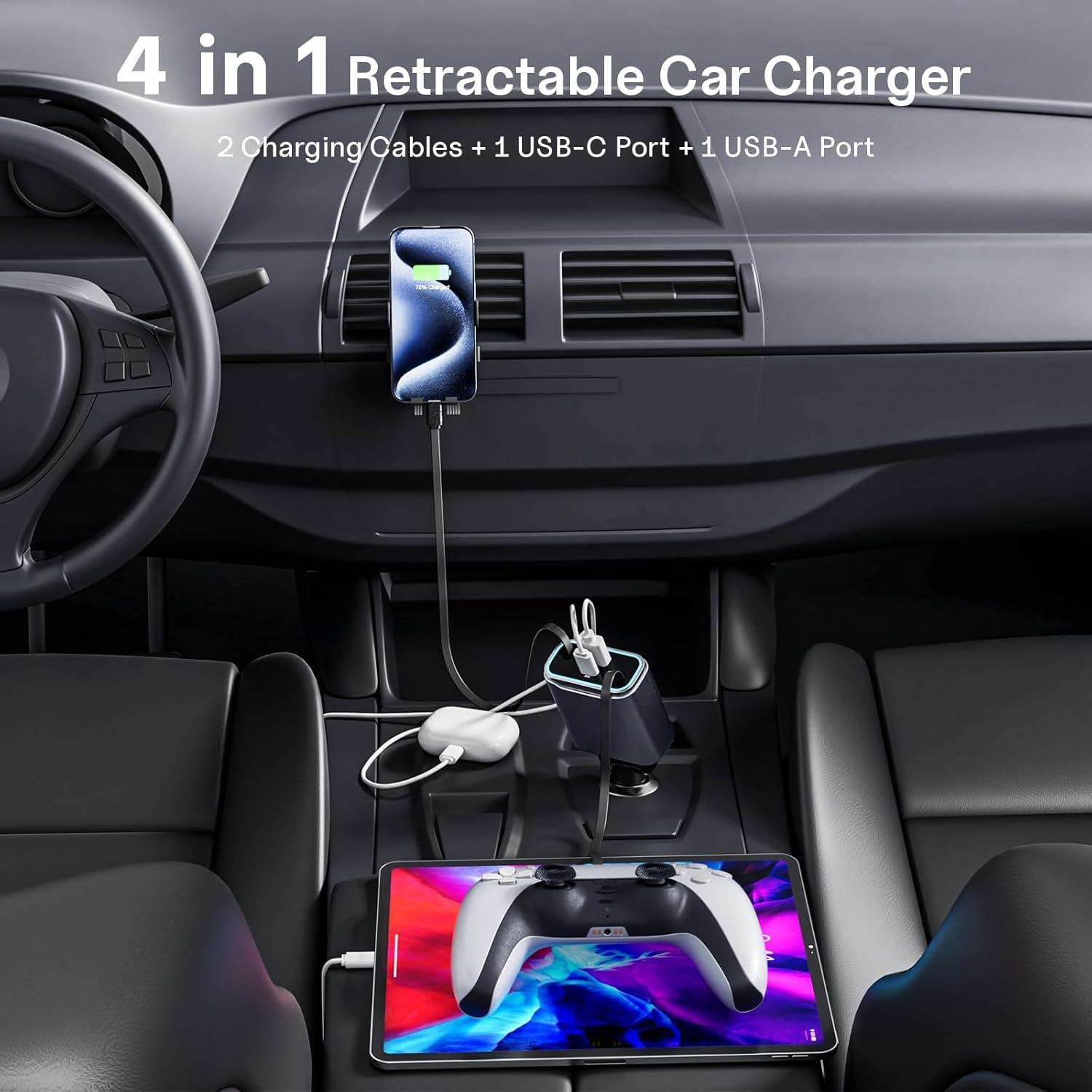 Cargador de Coche USB C 131W 4-en-1 con Cables Retráctiles