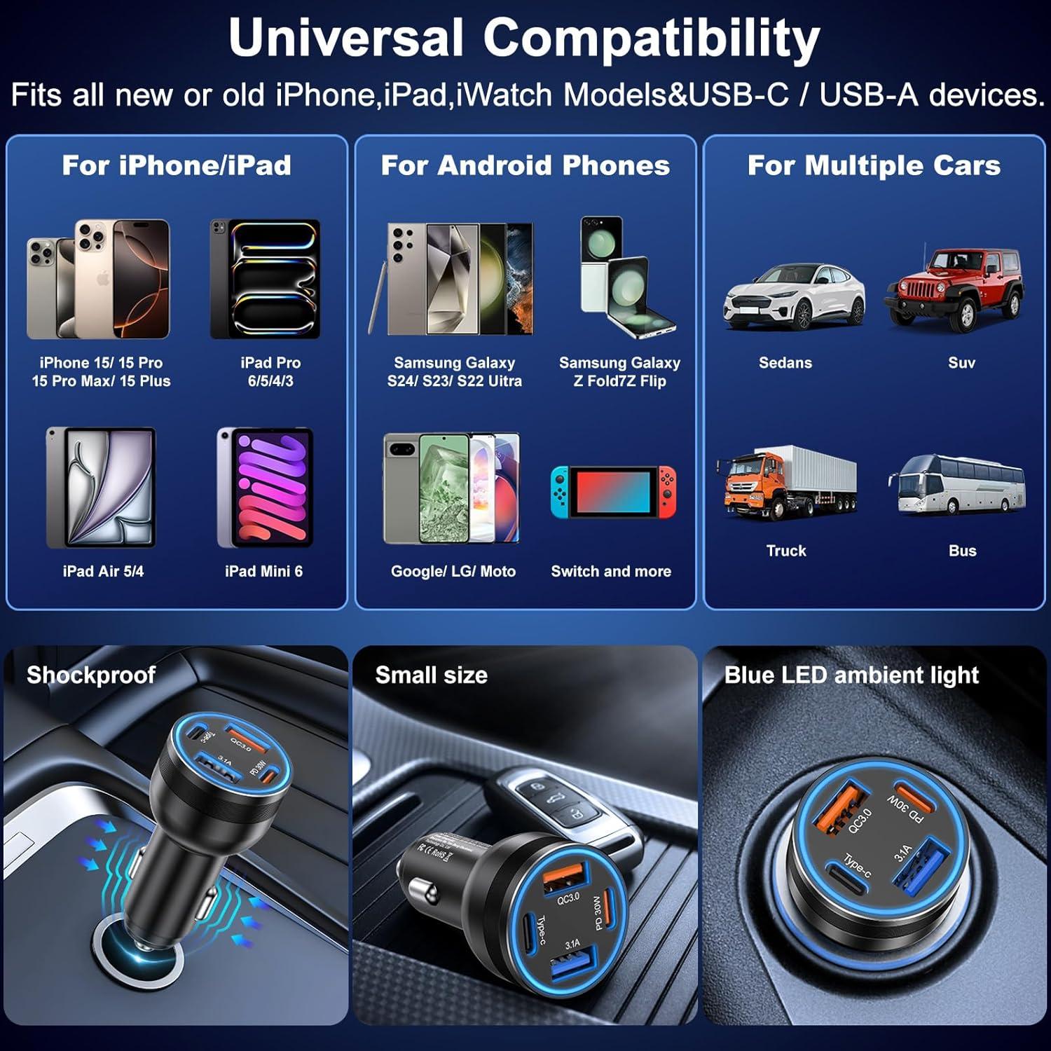 Cargador de Coche USB-C Avatcen 65W 4 Puertos Rápido