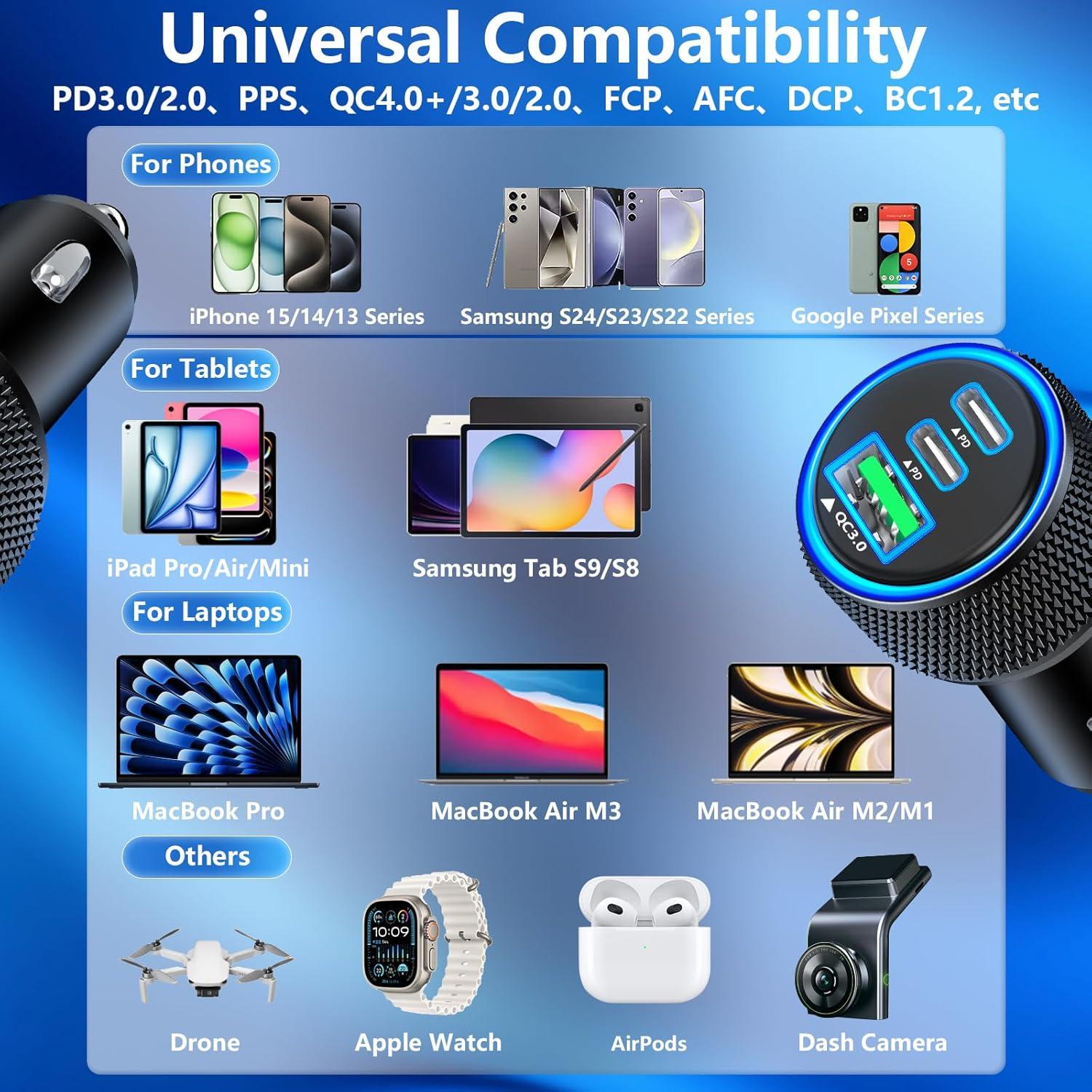 Cargador de Auto 67W KYOHAYA USB-C 3 Puertos Carga Rápida