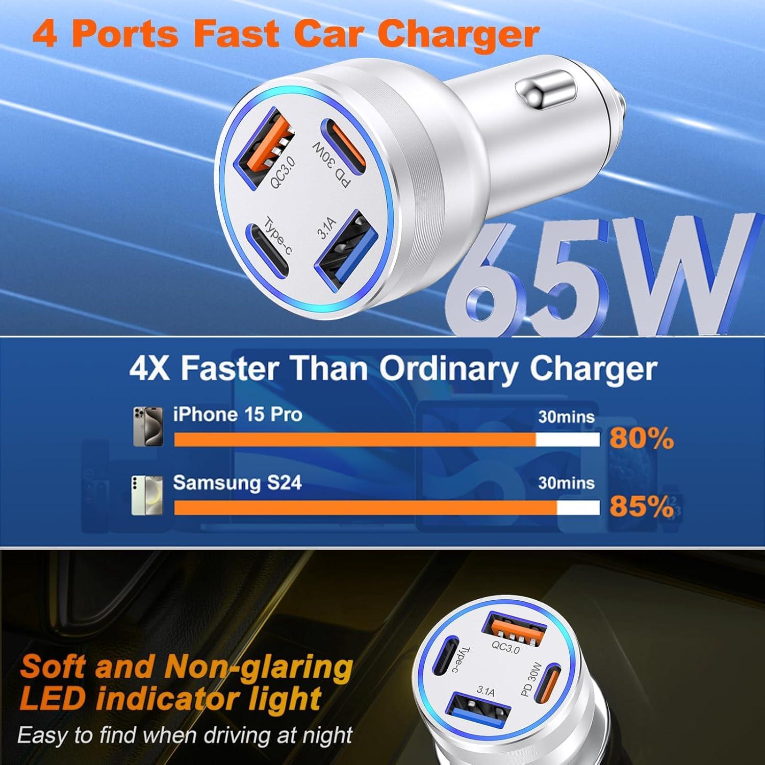 Cargador de coche USB C 65W Avatcen 4 Puertos Rápido