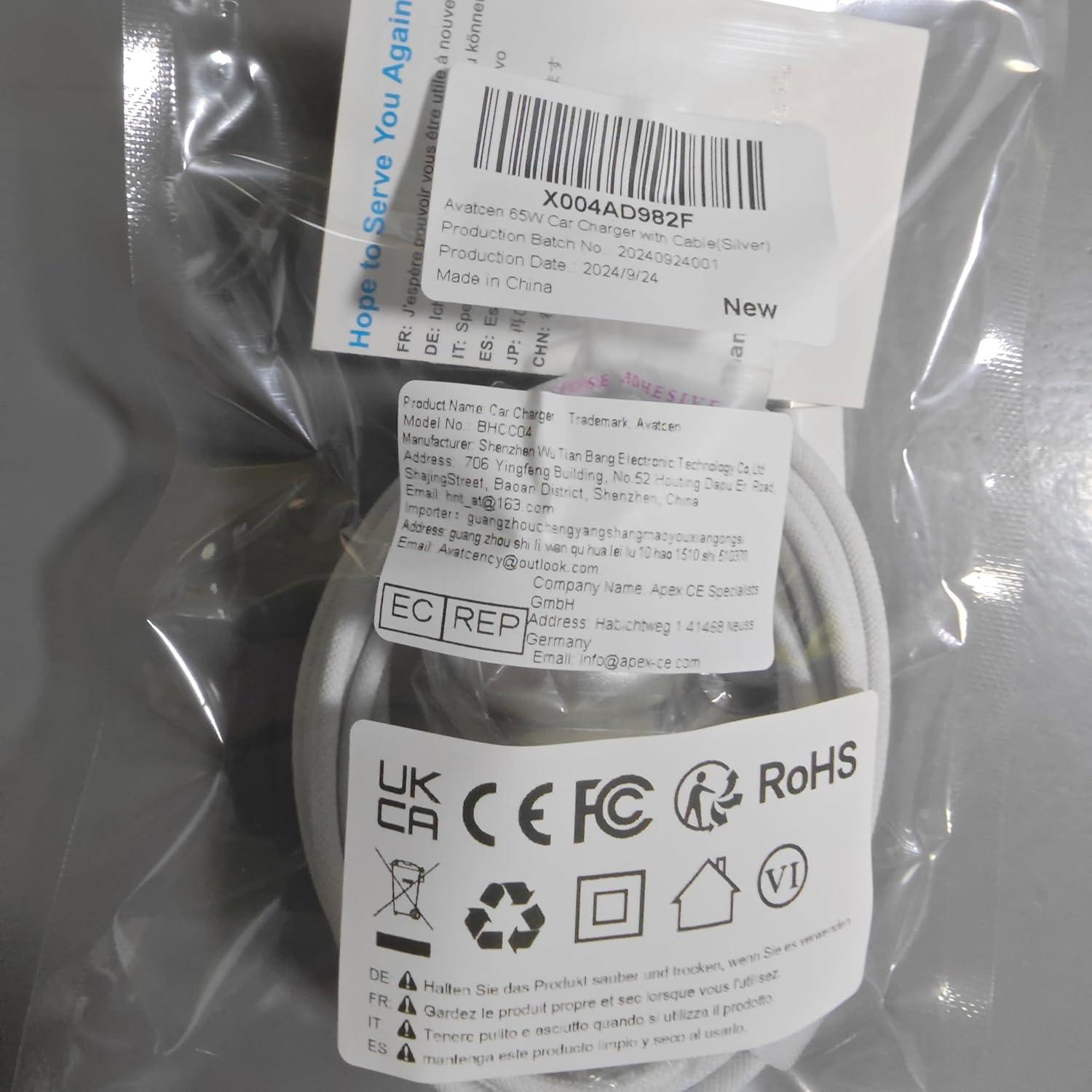 Cargador de coche USB C 65W Avatcen 4 Puertos Rápido