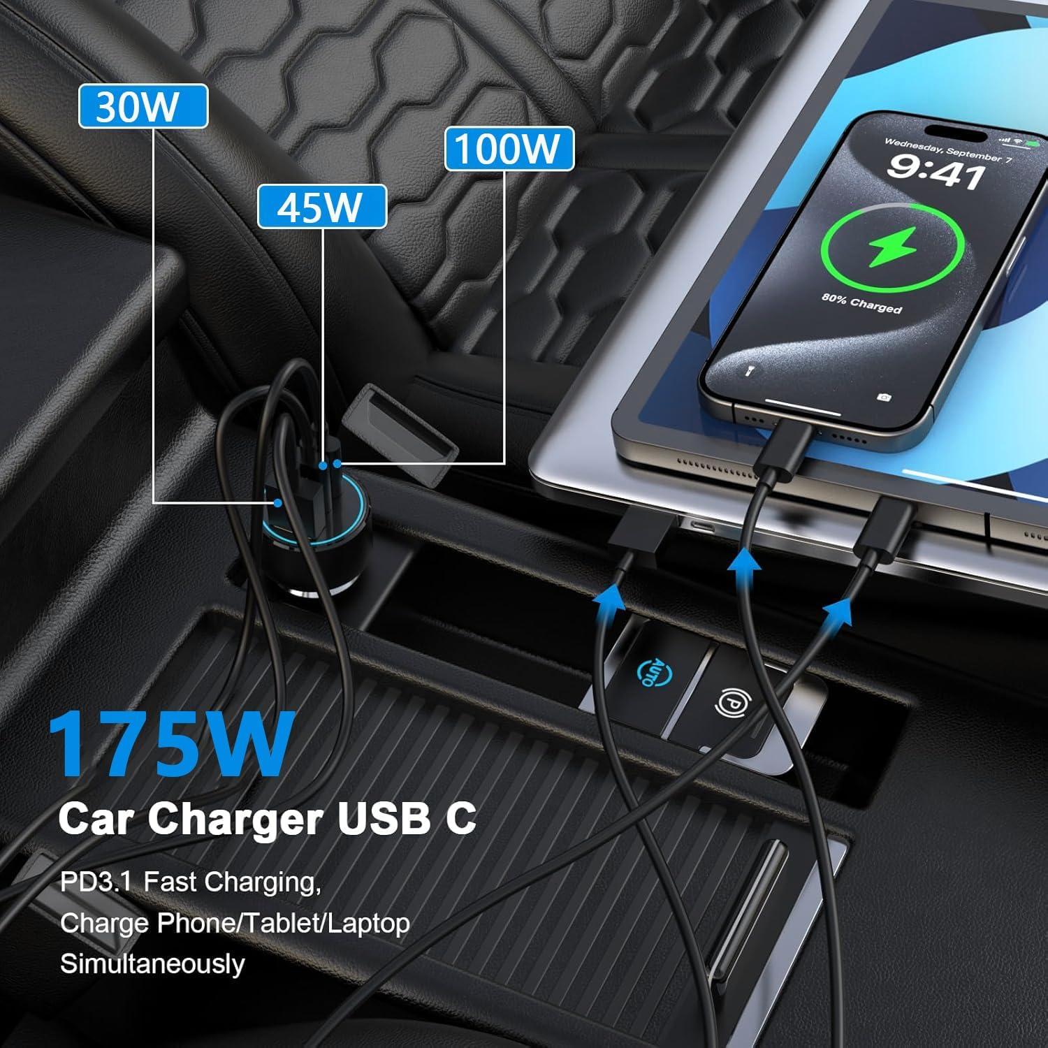 Cargador de Coche USB C 175W Bywulanda 3 Puertos Rápido