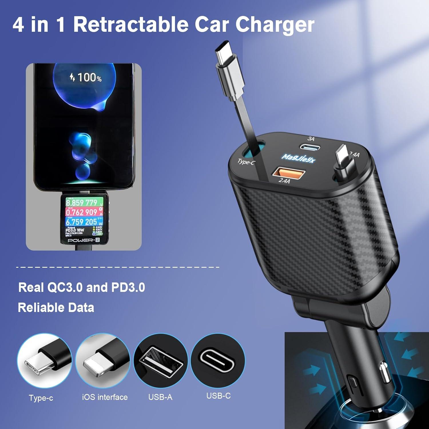 Cargador de Coche Retráctil 4 en 1 Magjieyx 62W Carga Rápida