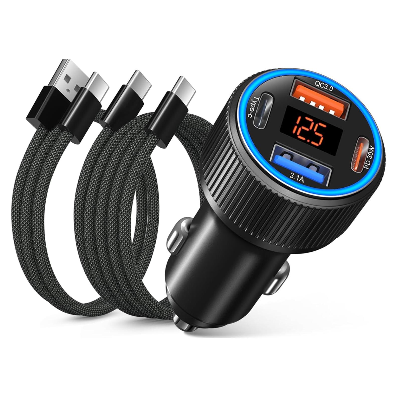 Cargador de coche USB-C 65W 4 puertos con voltímetro - Negro