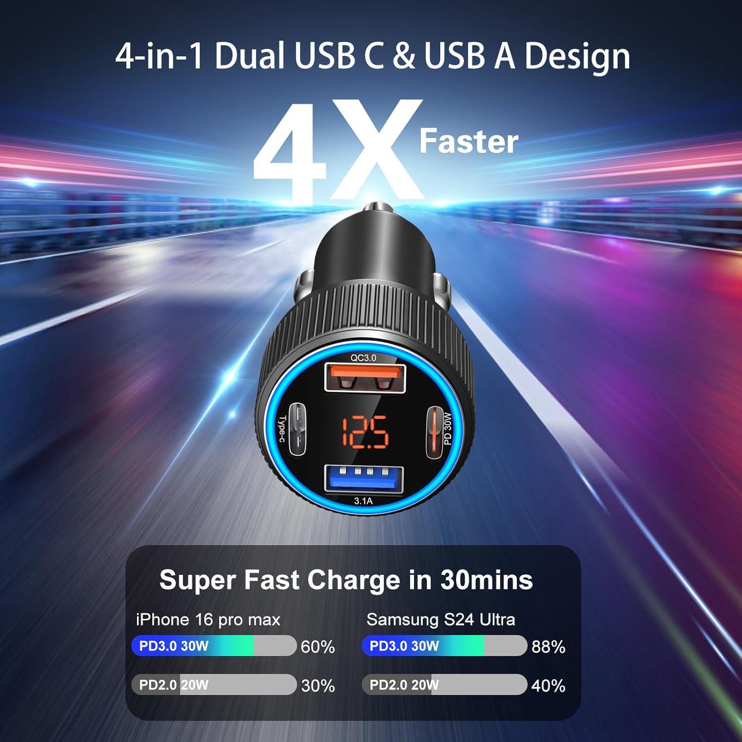 Cargador de coche USB-C 65W 4 puertos con voltímetro - Negro