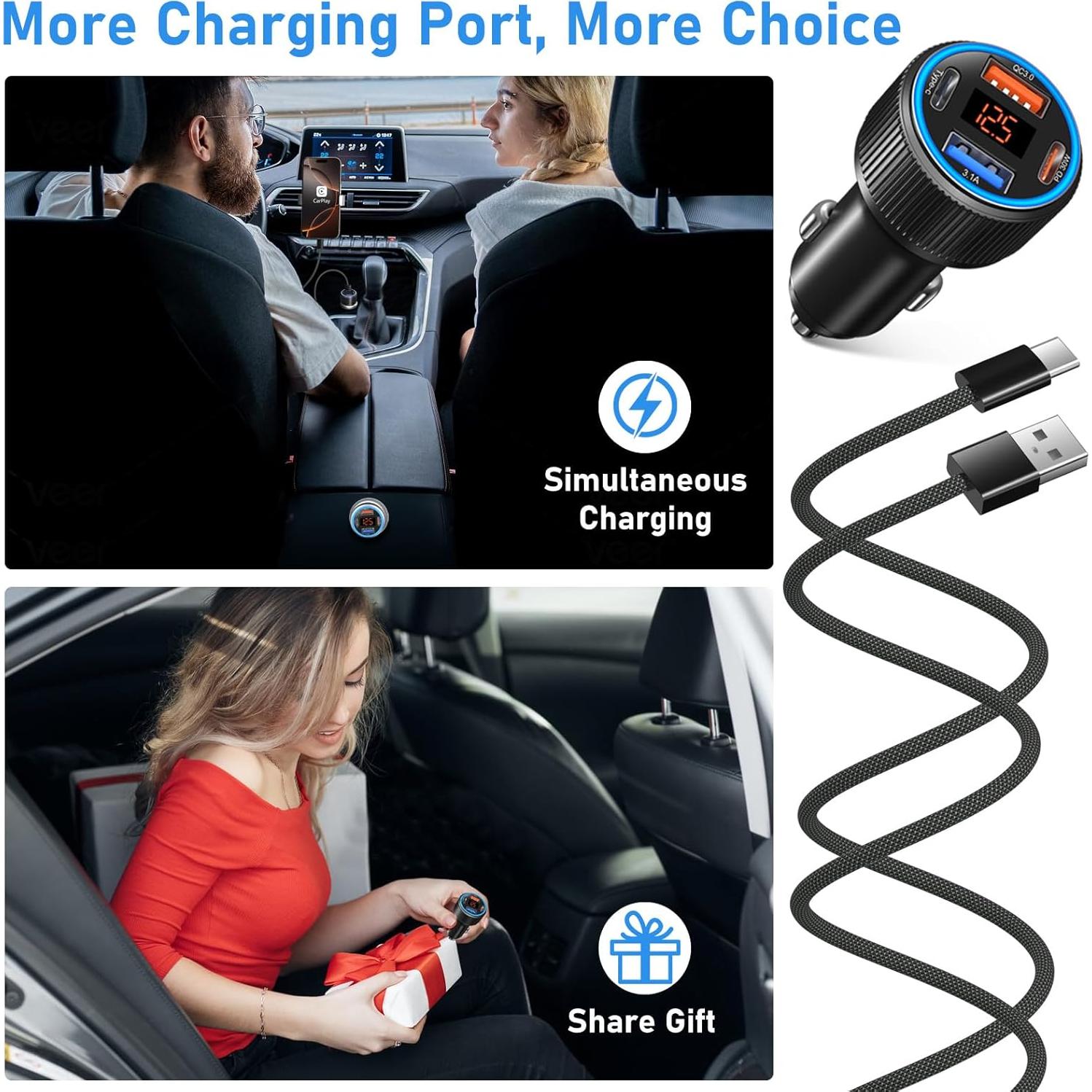 Cargador de coche USB-C 65W 4 puertos con voltímetro - Negro