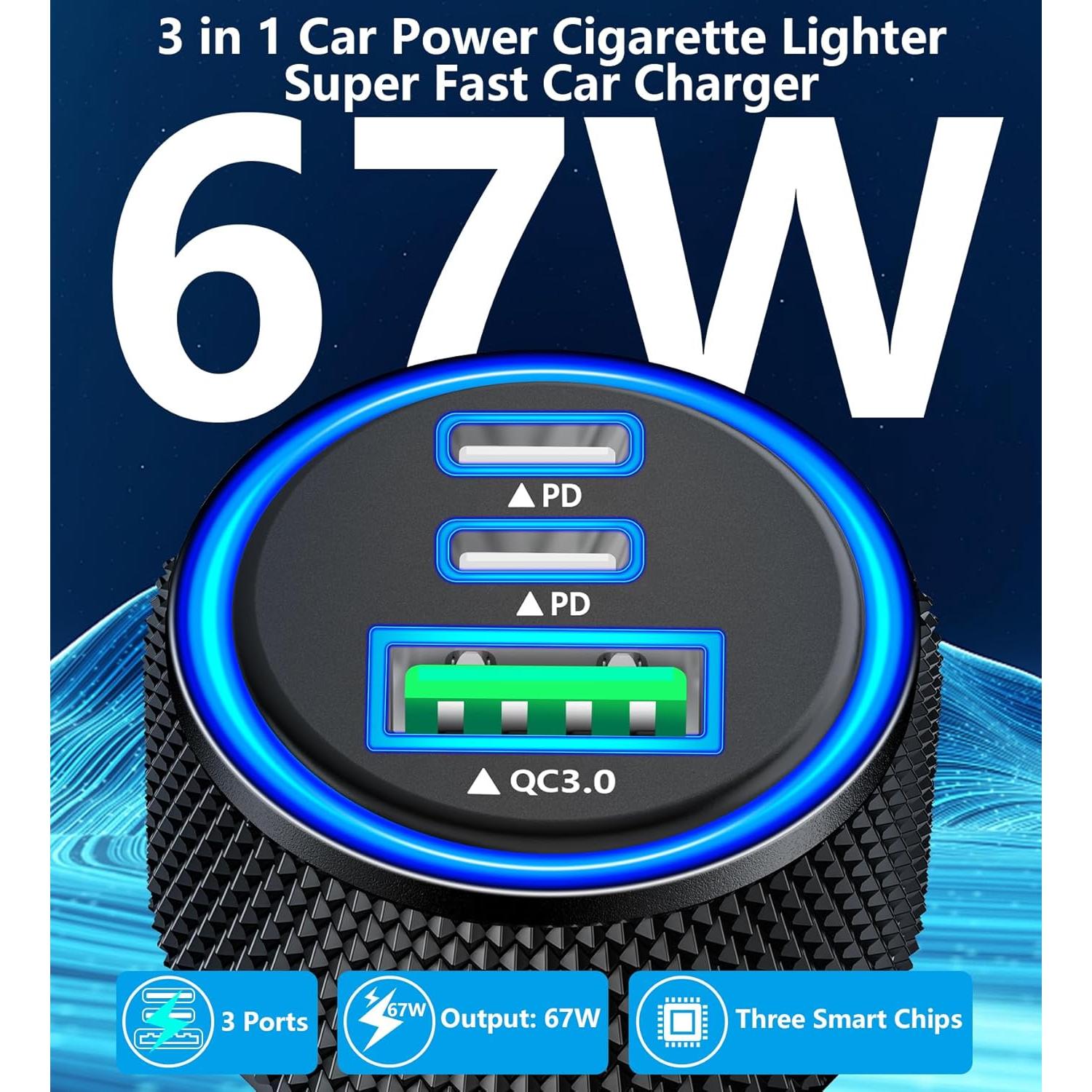 Cargador de Coche Rápido 67W Rombica 3 Puertos USB-C y USB-A