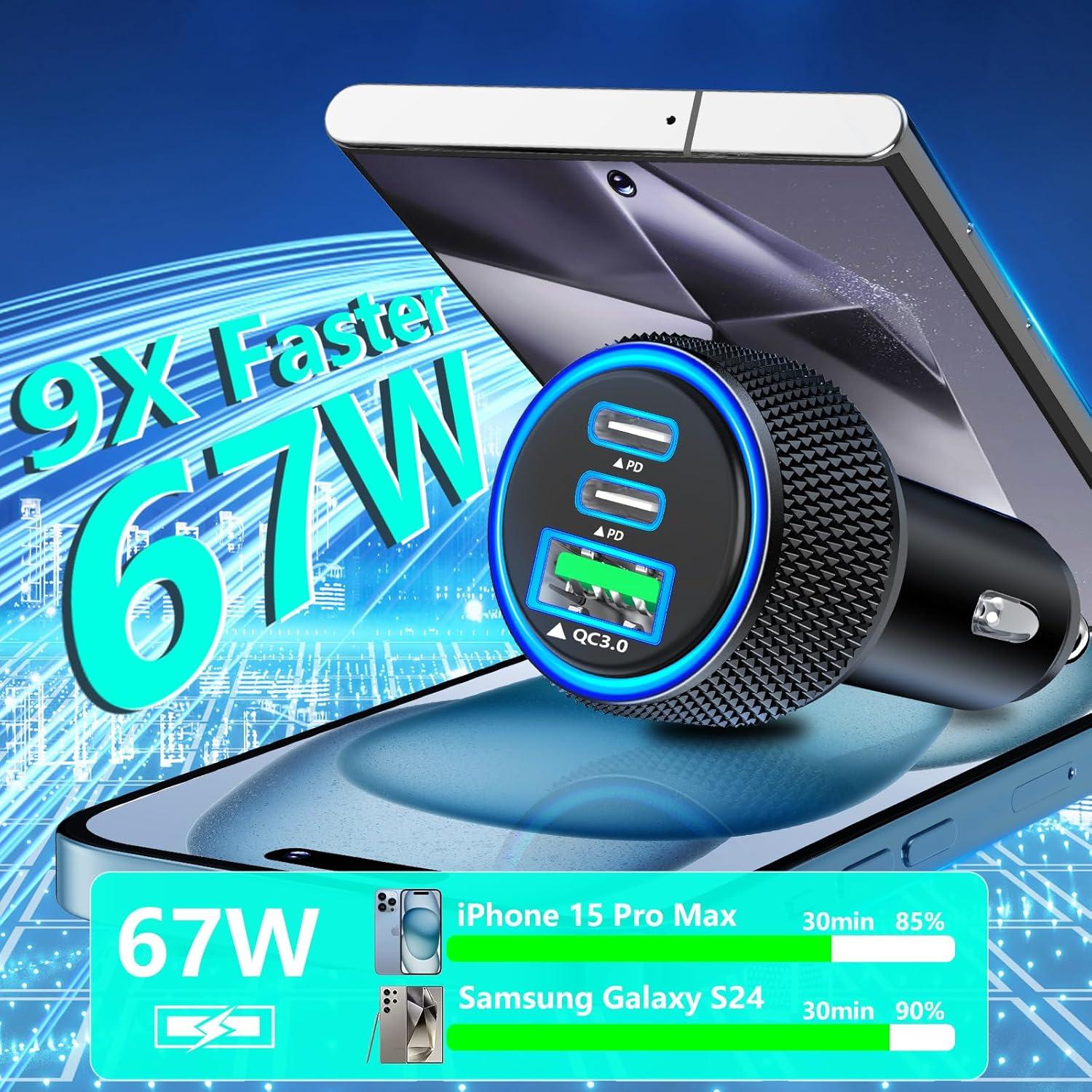 Cargador de Coche Rápido 67W Rombica 3 Puertos USB-C y USB-A