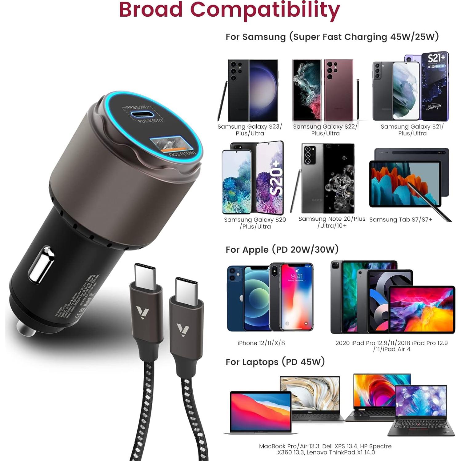 Cargador de coche VELOGK 73W Turbo USB-C PD PPS para Samsung