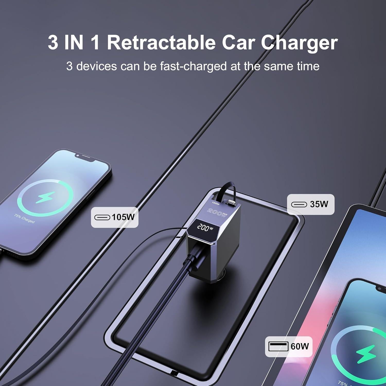 Cargador de Coche Retráctil Aftertop 200W USB C 3-en-1