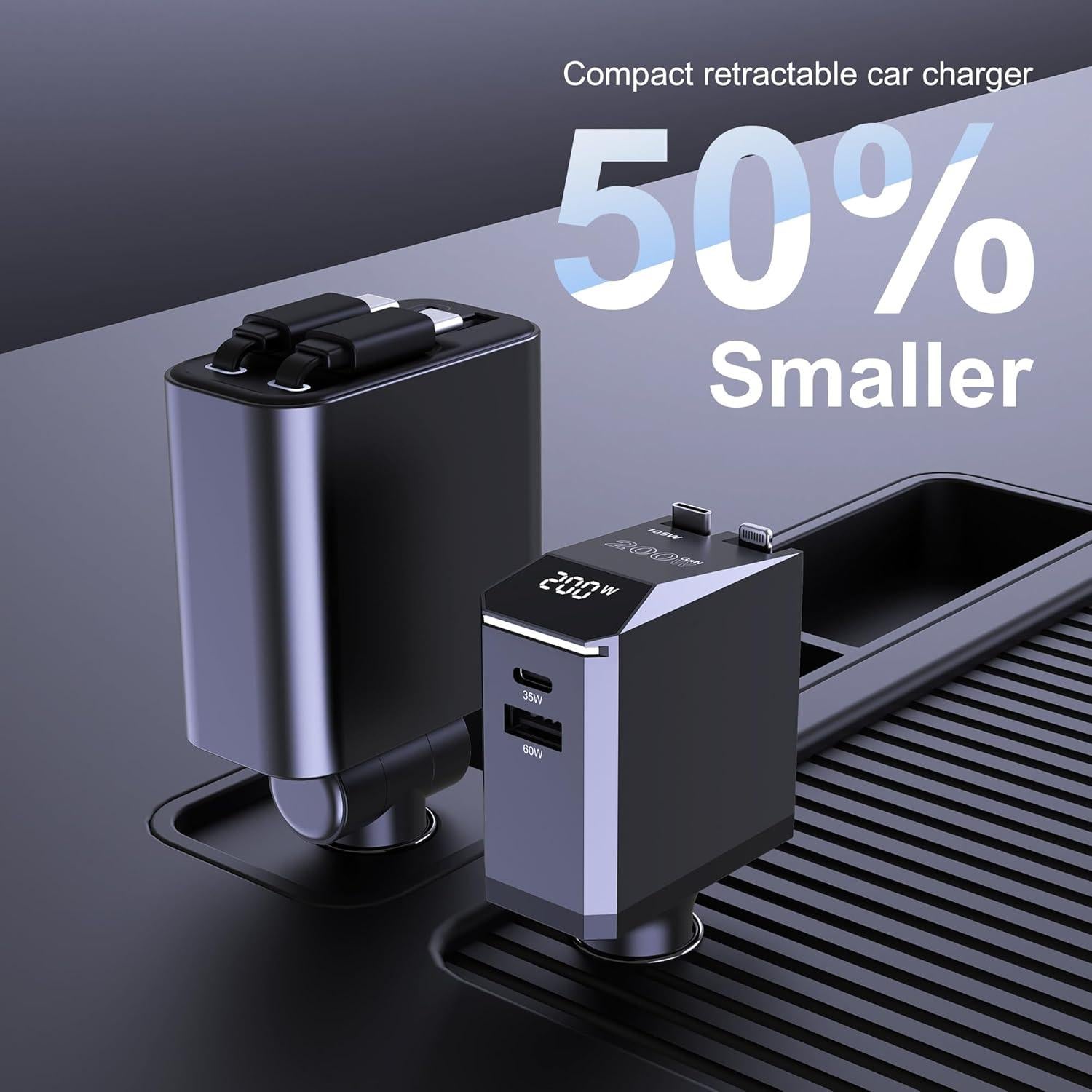 Cargador de Coche Retráctil Aftertop 200W USB C 3-en-1