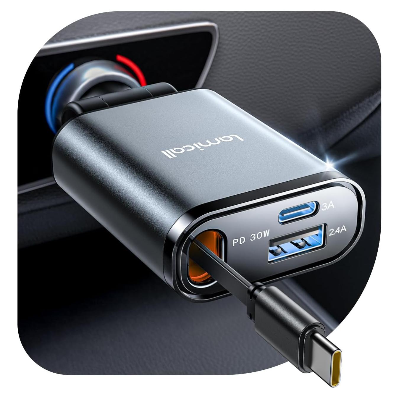 Cargador de coche Lamicall USB-C 57W con cable retráctil