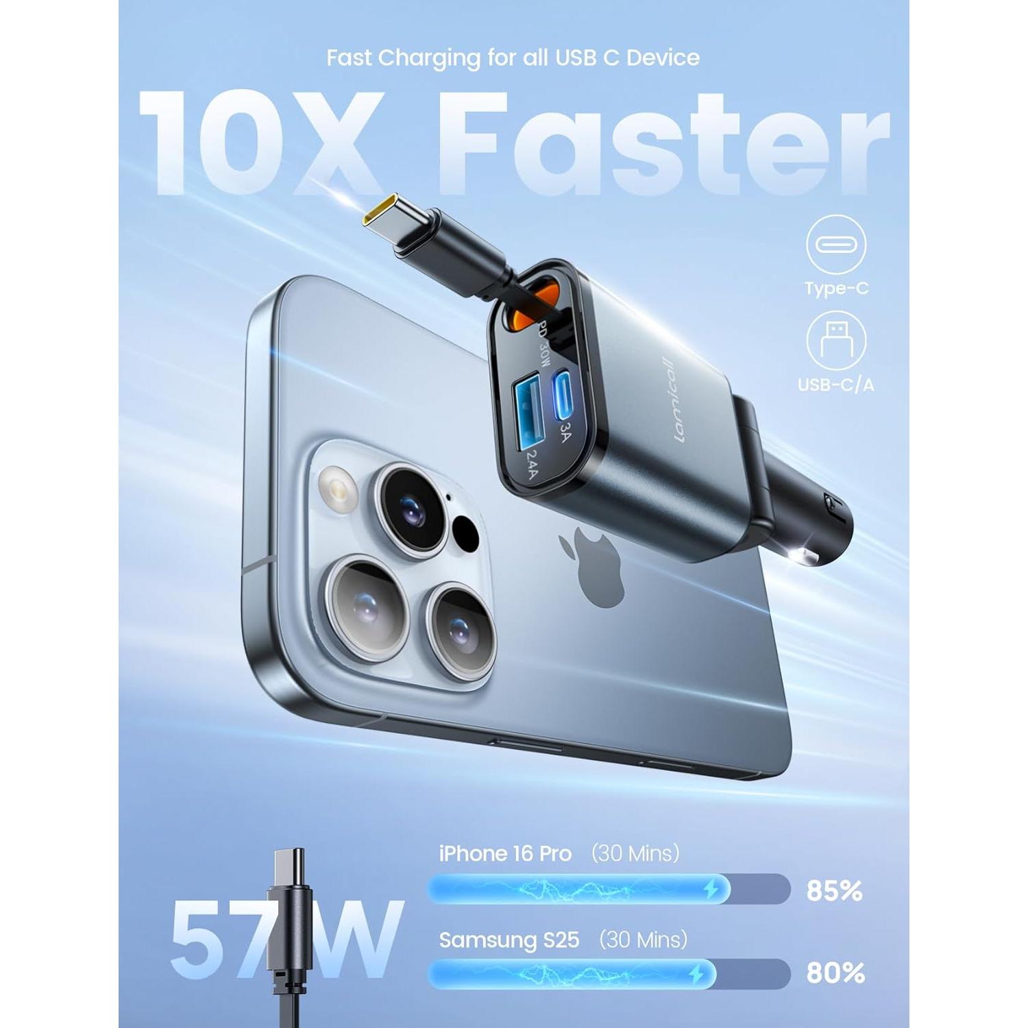 Cargador de coche Lamicall USB-C 57W con cable retráctil