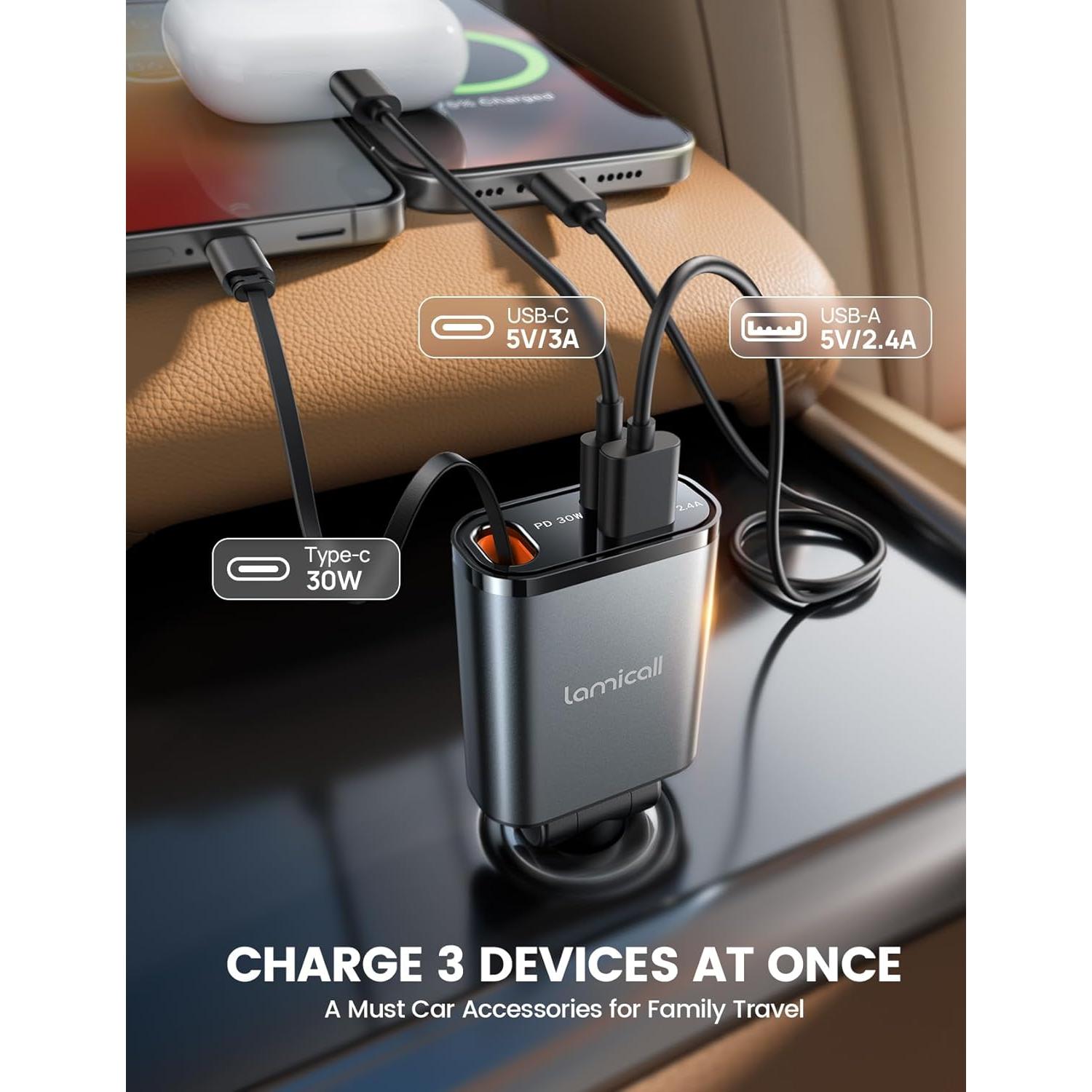 Cargador de coche Lamicall USB-C 57W con cable retráctil