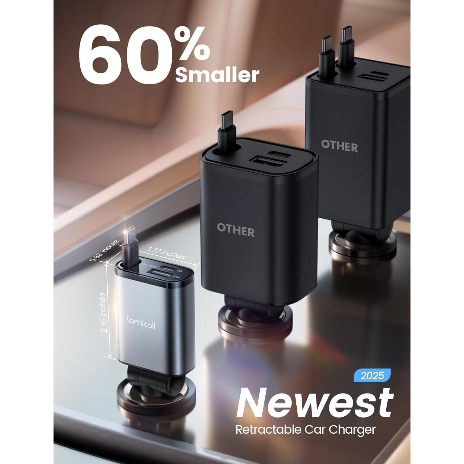 Cargador de coche Lamicall USB-C 57W con cable retráctil