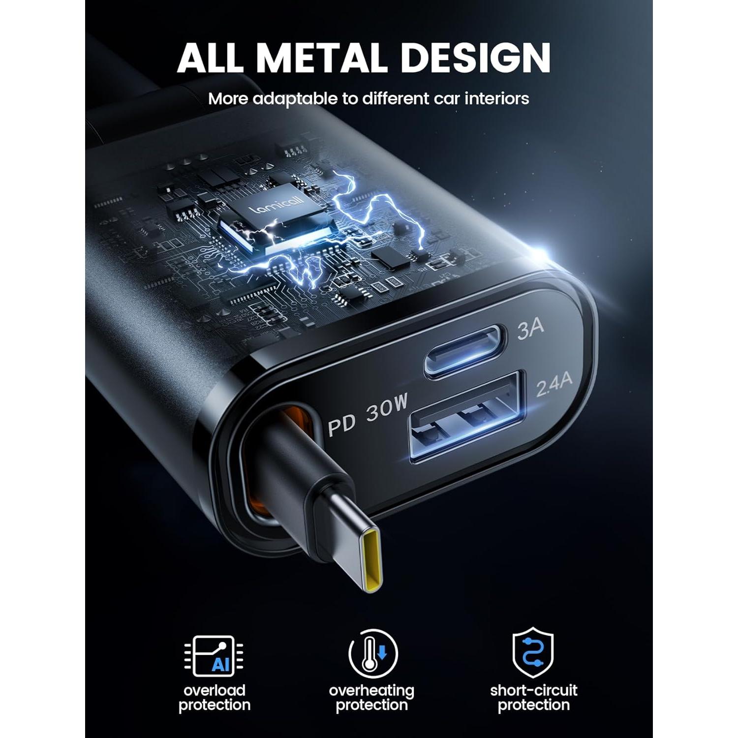 Cargador de coche Lamicall USB-C 57W con cable retráctil