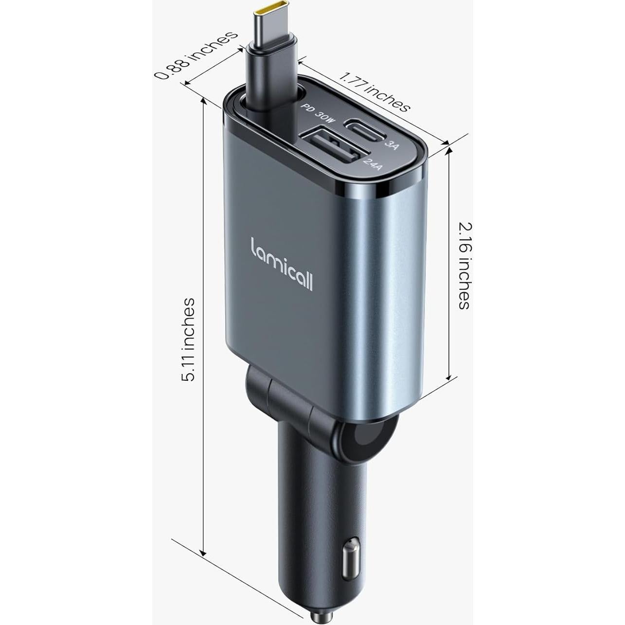 Cargador de coche Lamicall USB-C 57W con cable retráctil