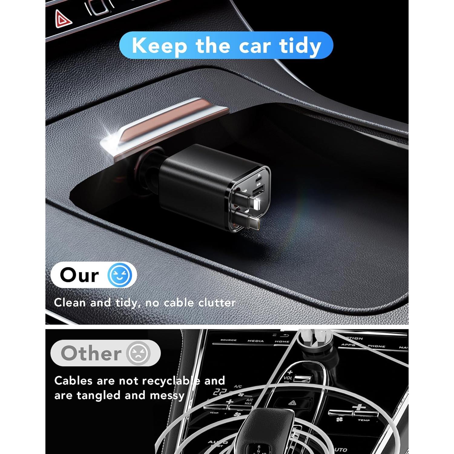 Cargador de Coche Retráctil COCIVIVRE 4 en 1 USB C 69W