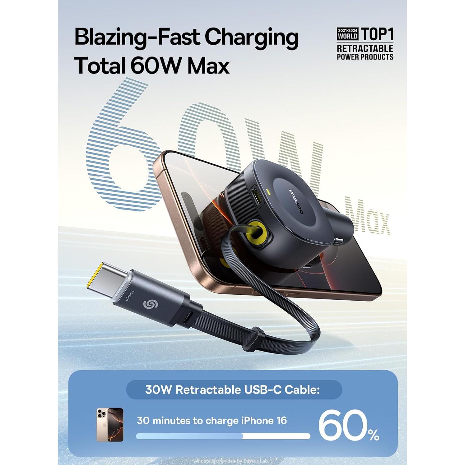 Cargador de coche Baseus USB-C 60W con cable retráctil 80cm