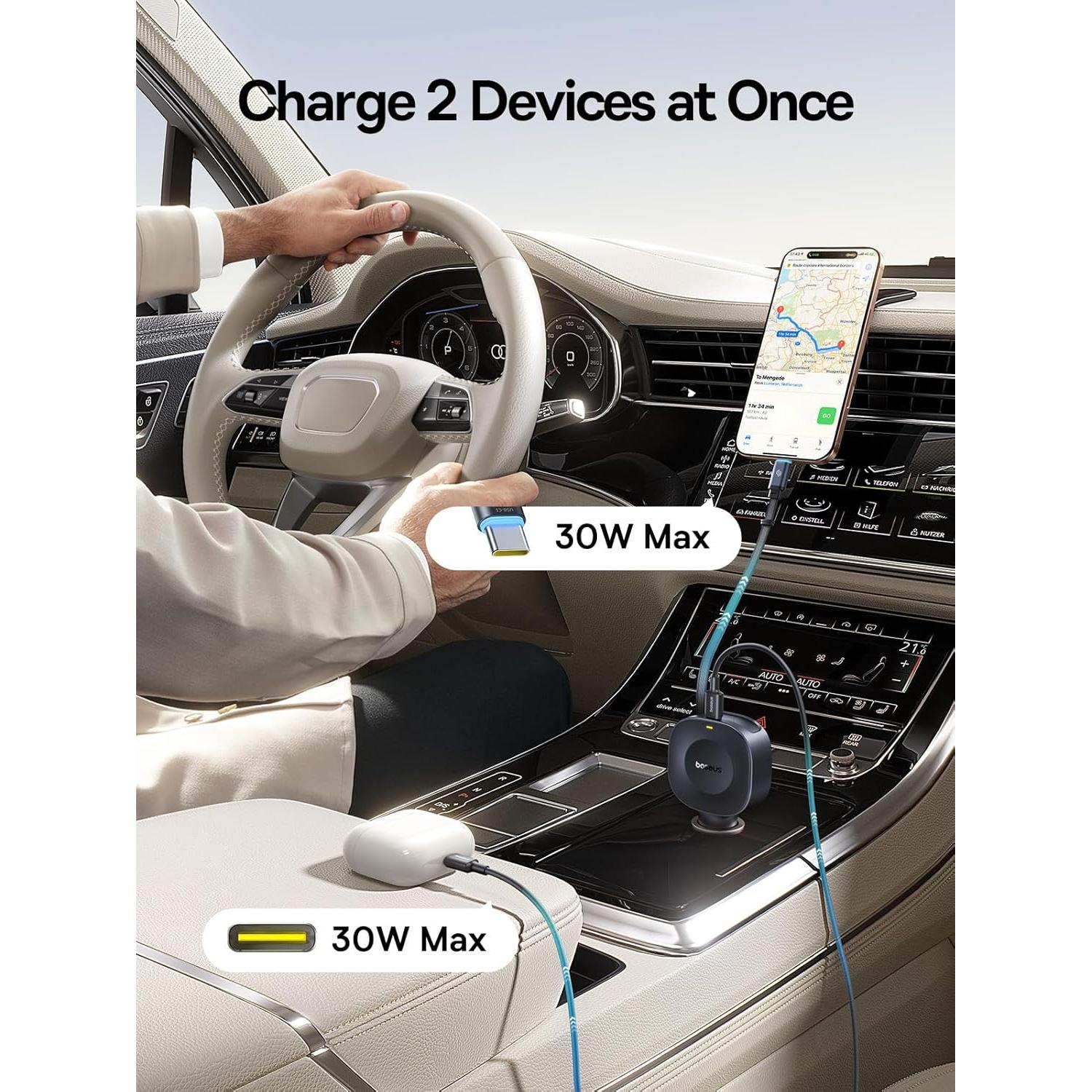 Cargador de coche Baseus USB-C 60W con cable retráctil 80cm