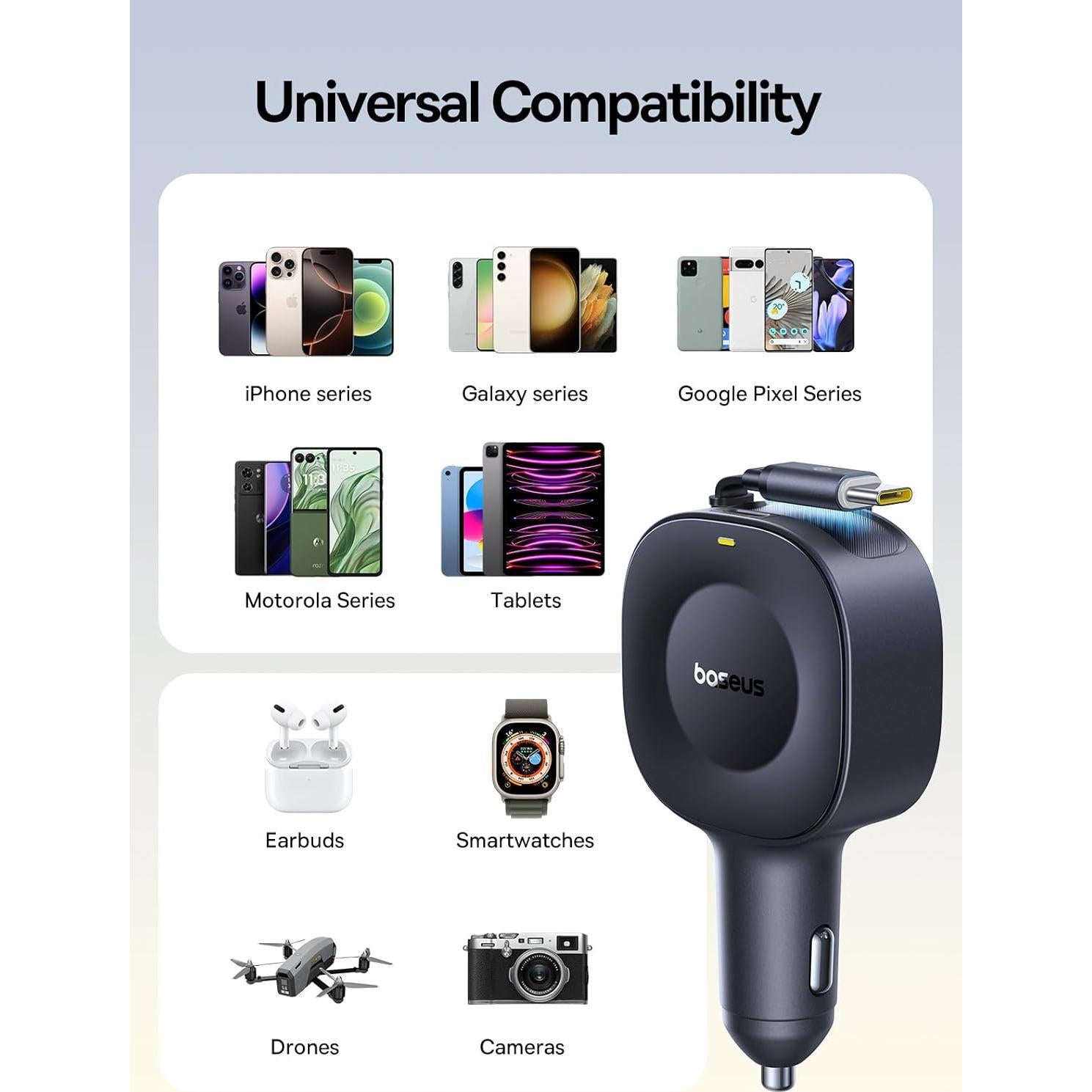 Cargador de coche Baseus USB-C 60W con cable retráctil 80cm