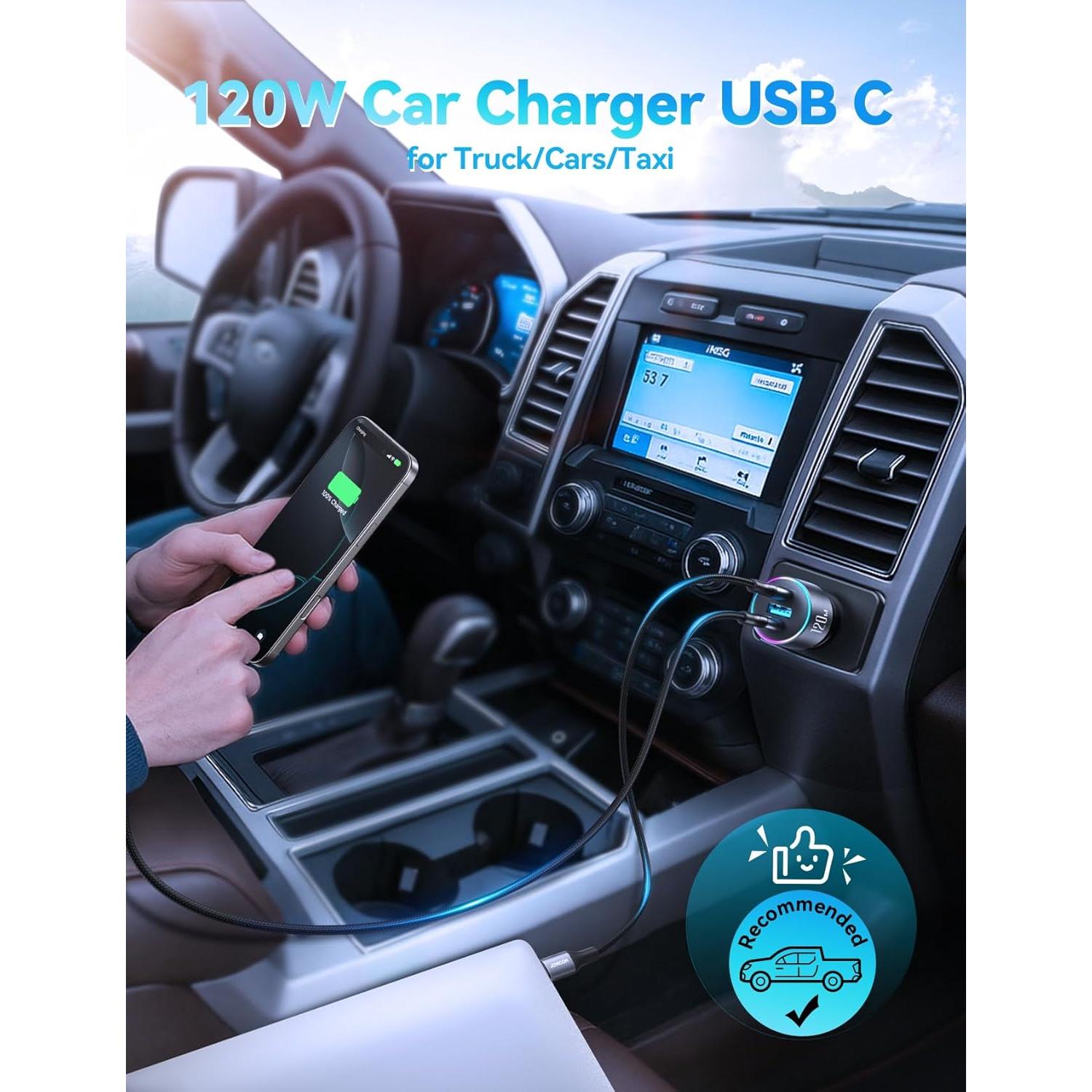 Cargador de Coche USB C JOYROOM 120W 3 Puertos Carga Rápida