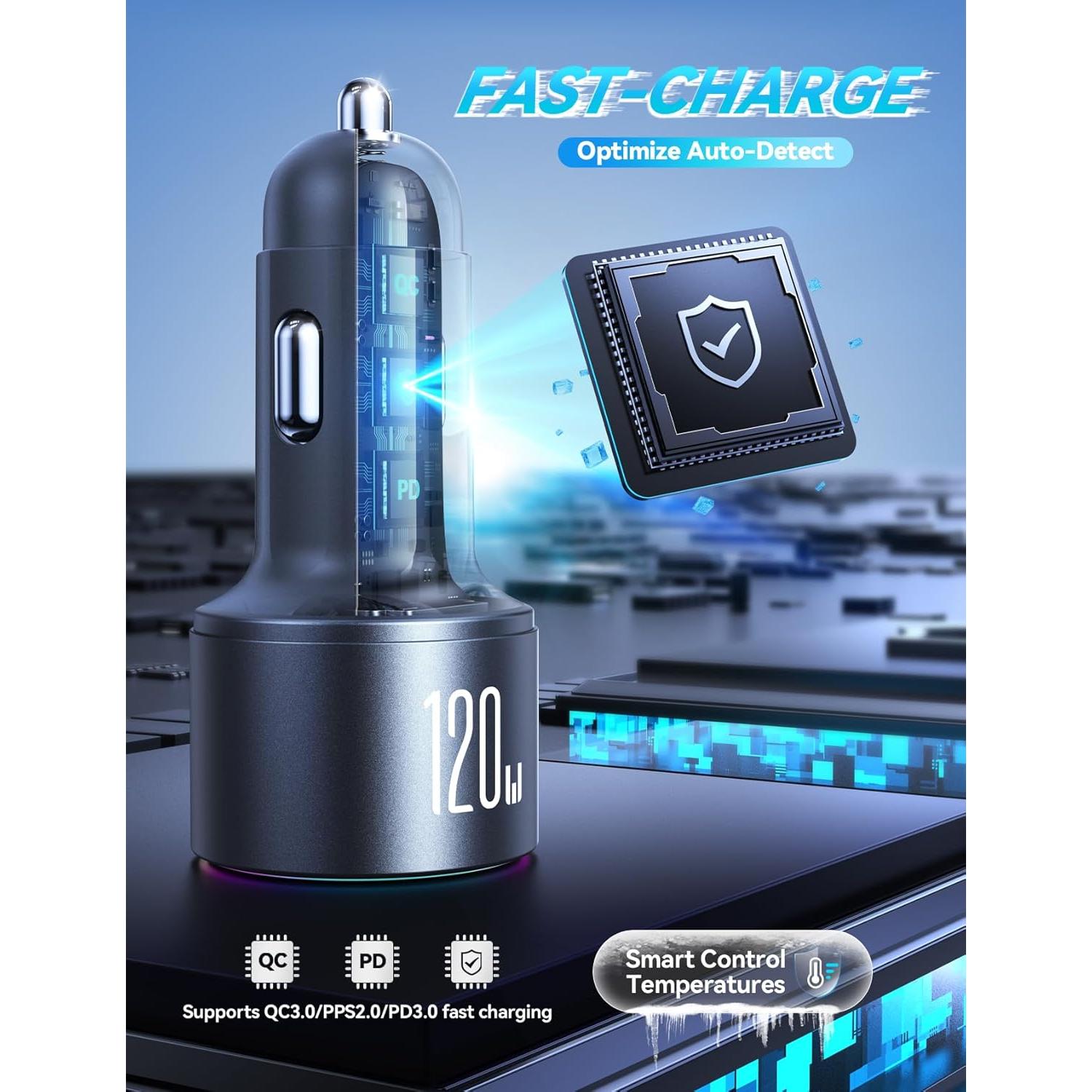 Cargador de Coche USB C JOYROOM 120W 3 Puertos Carga Rápida