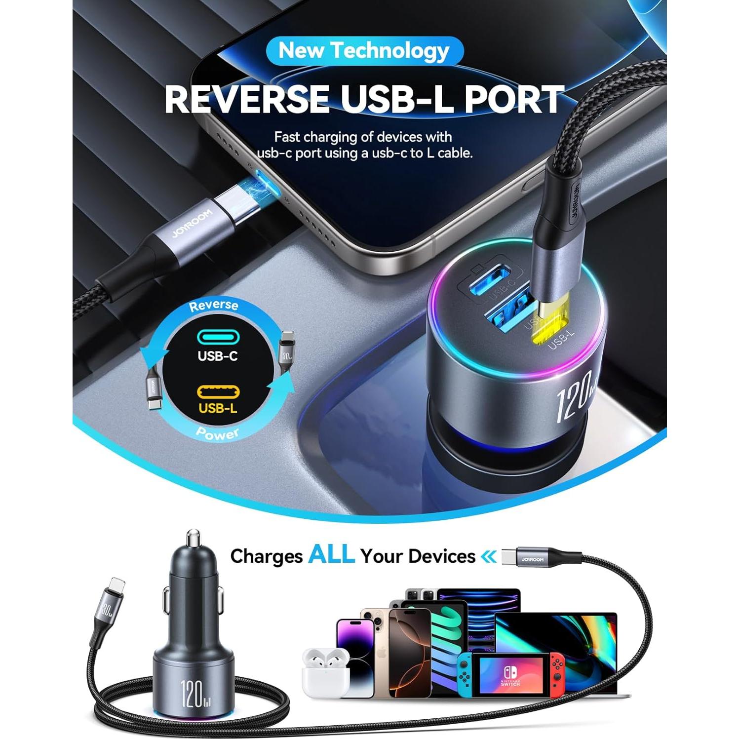 Cargador de Coche USB C JOYROOM 120W 3 Puertos Carga Rápida