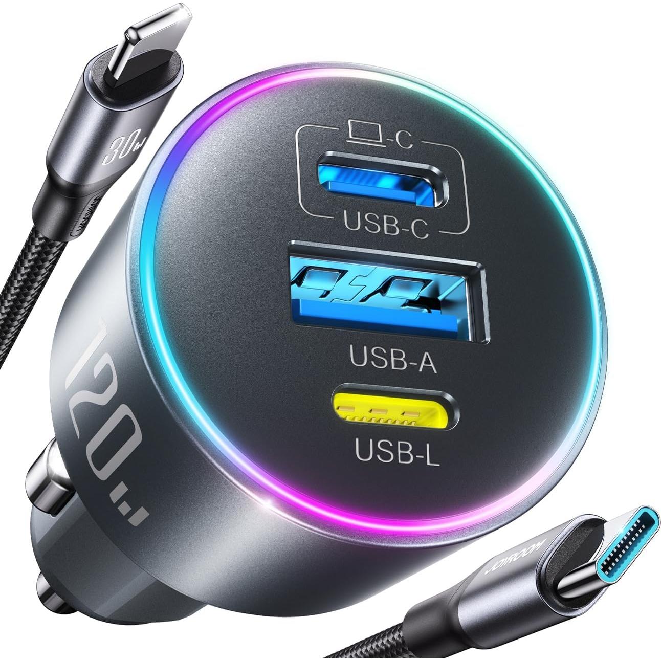 Cargador de Coche USB C JOYROOM 120W 3 Puertos Carga Rápida