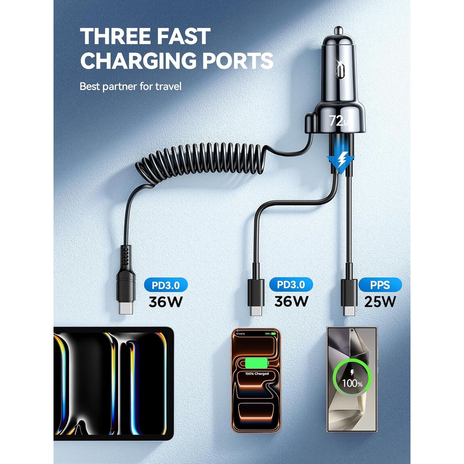 Cargador de coche FLYLEAD 72W USB C con cable 36W para iPhone 17/16