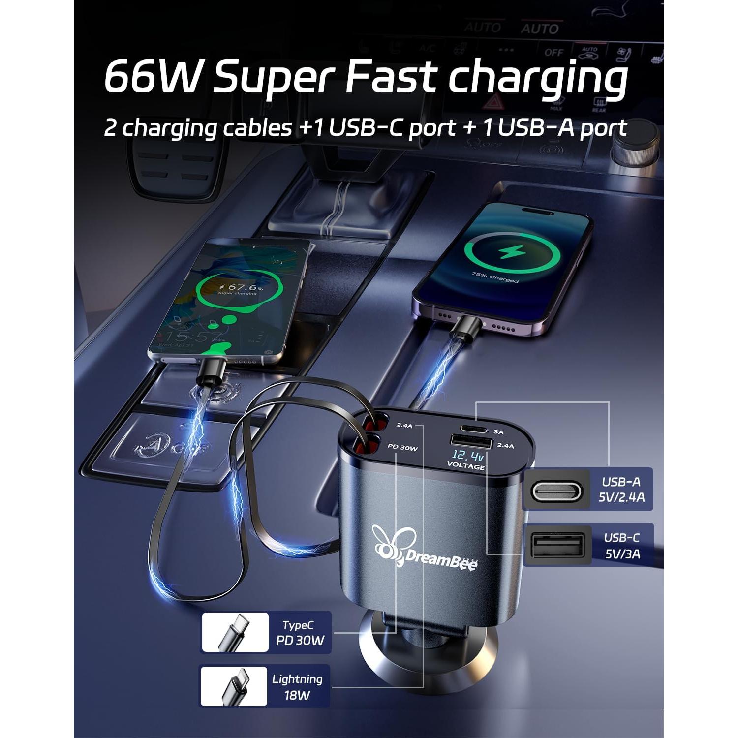 Cargador de Coche DreamBee 66W 4 en 1 Carga Rápida USB