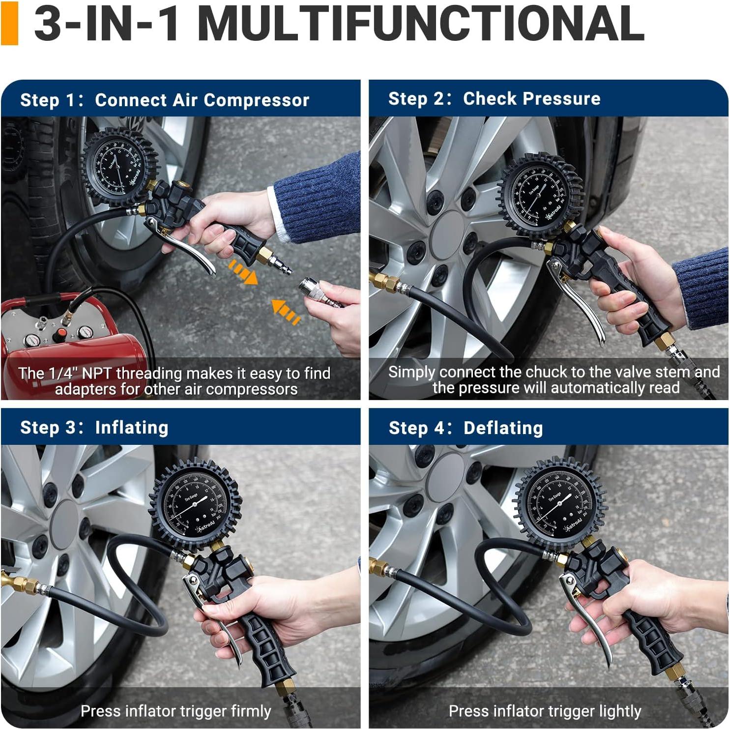 Medidor de Presión de Neumáticos AstroAI 230 PSI con Chuck de Aire