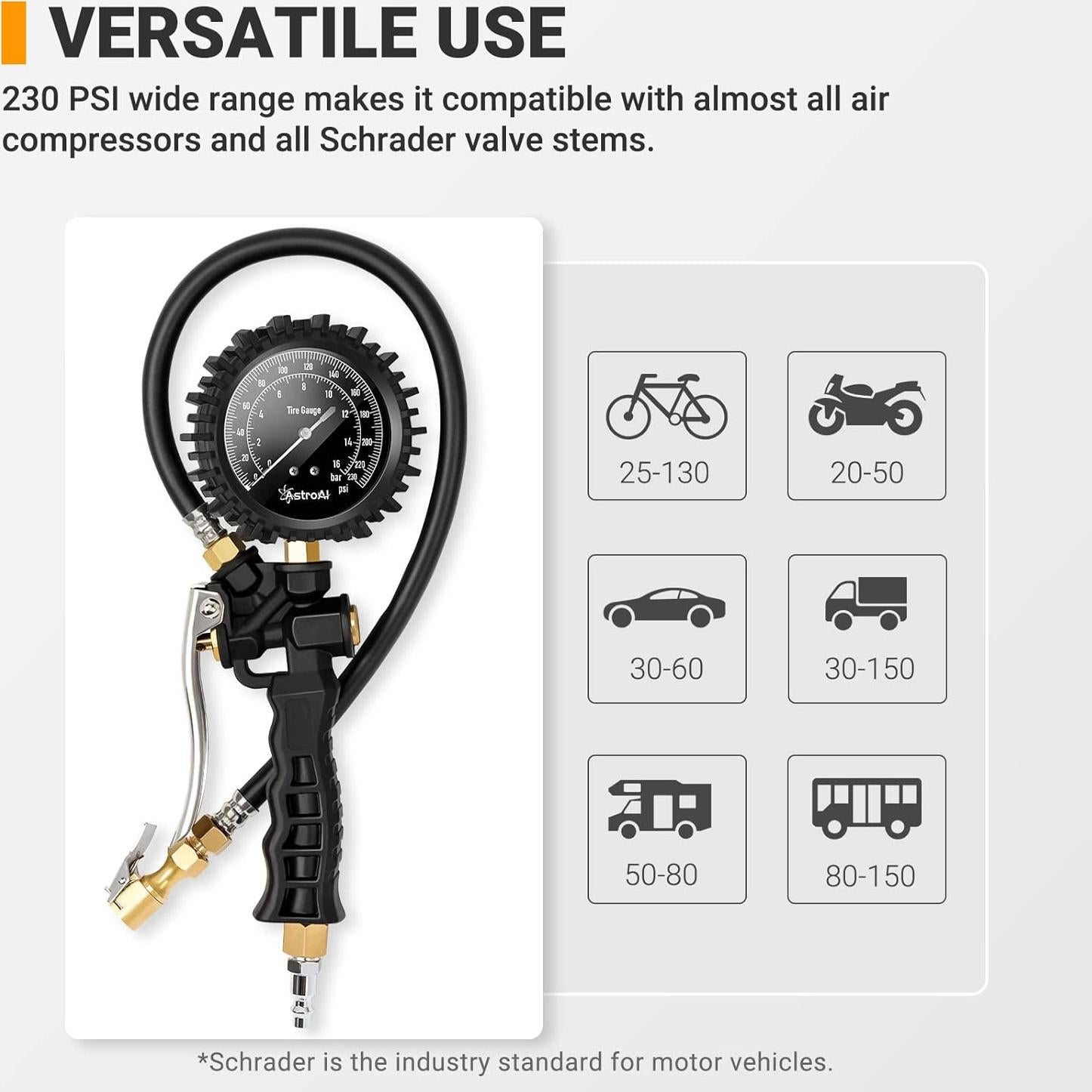 Medidor de Presión de Neumáticos AstroAI 230 PSI con Chuck de Aire