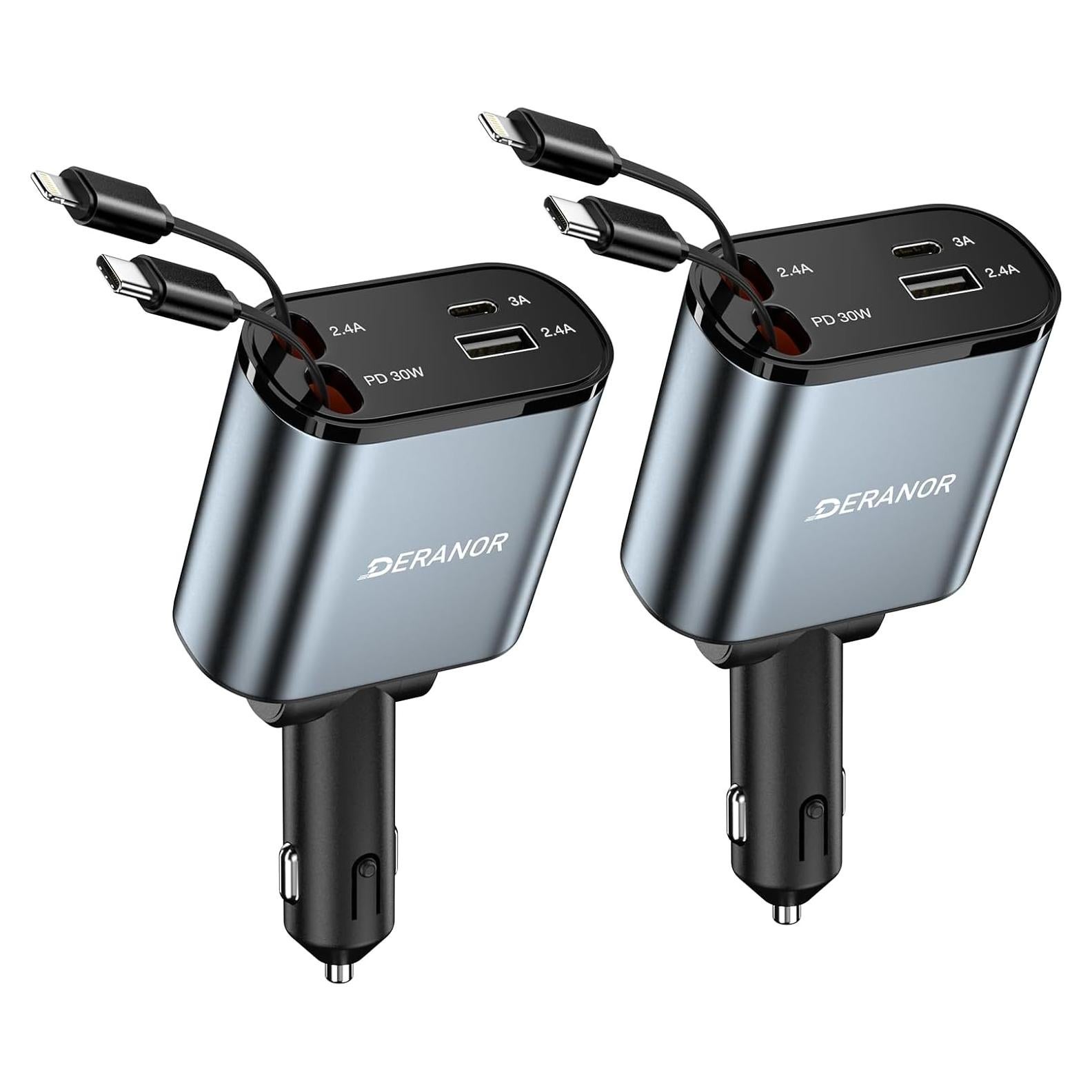 Cargador de Coche 4 en 1 DERANOR 69W con Cables Retráctiles