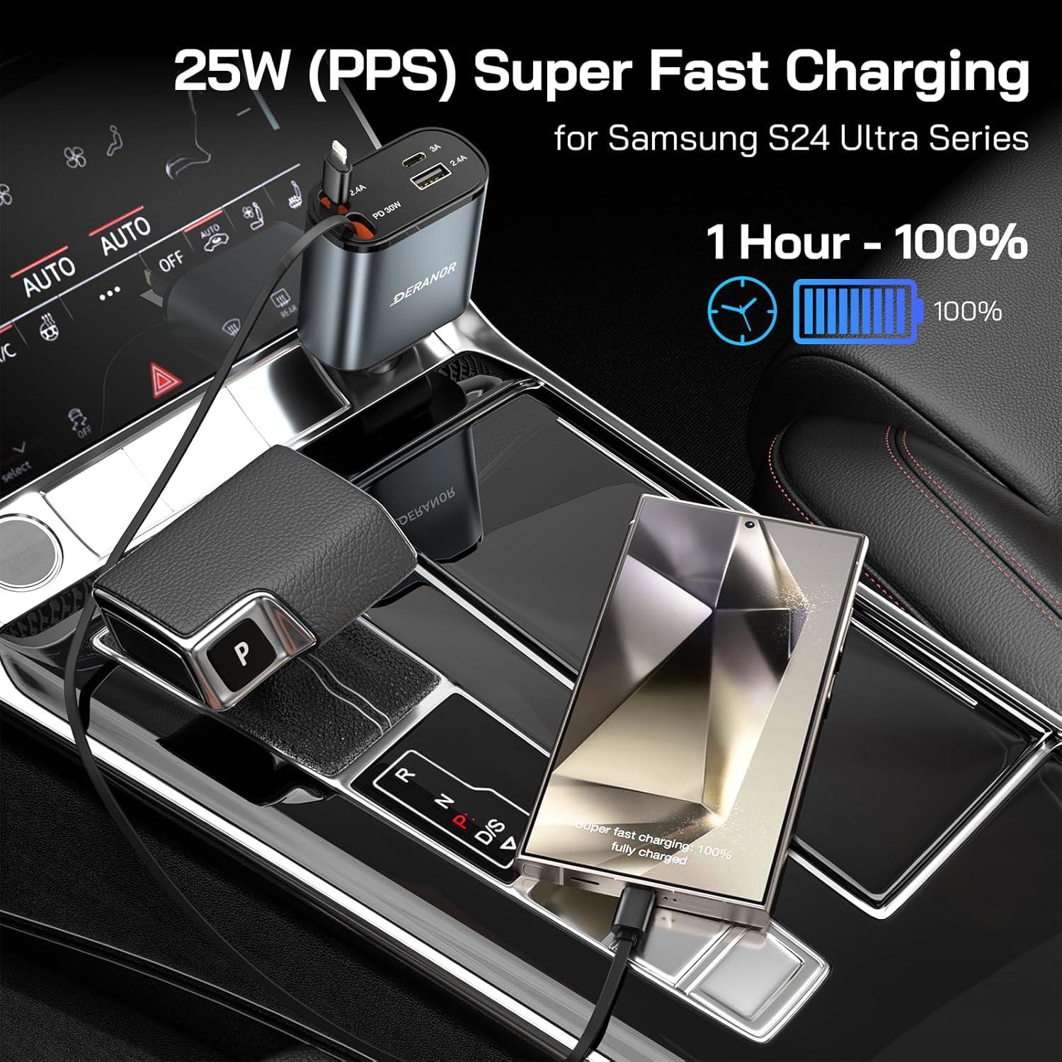 Cargador de Coche 4 en 1 DERANOR 69W con Cables Retráctiles
