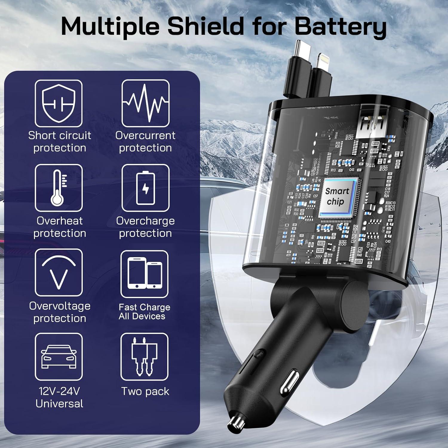 Cargador de Coche 4 en 1 DERANOR 69W con Cables Retráctiles