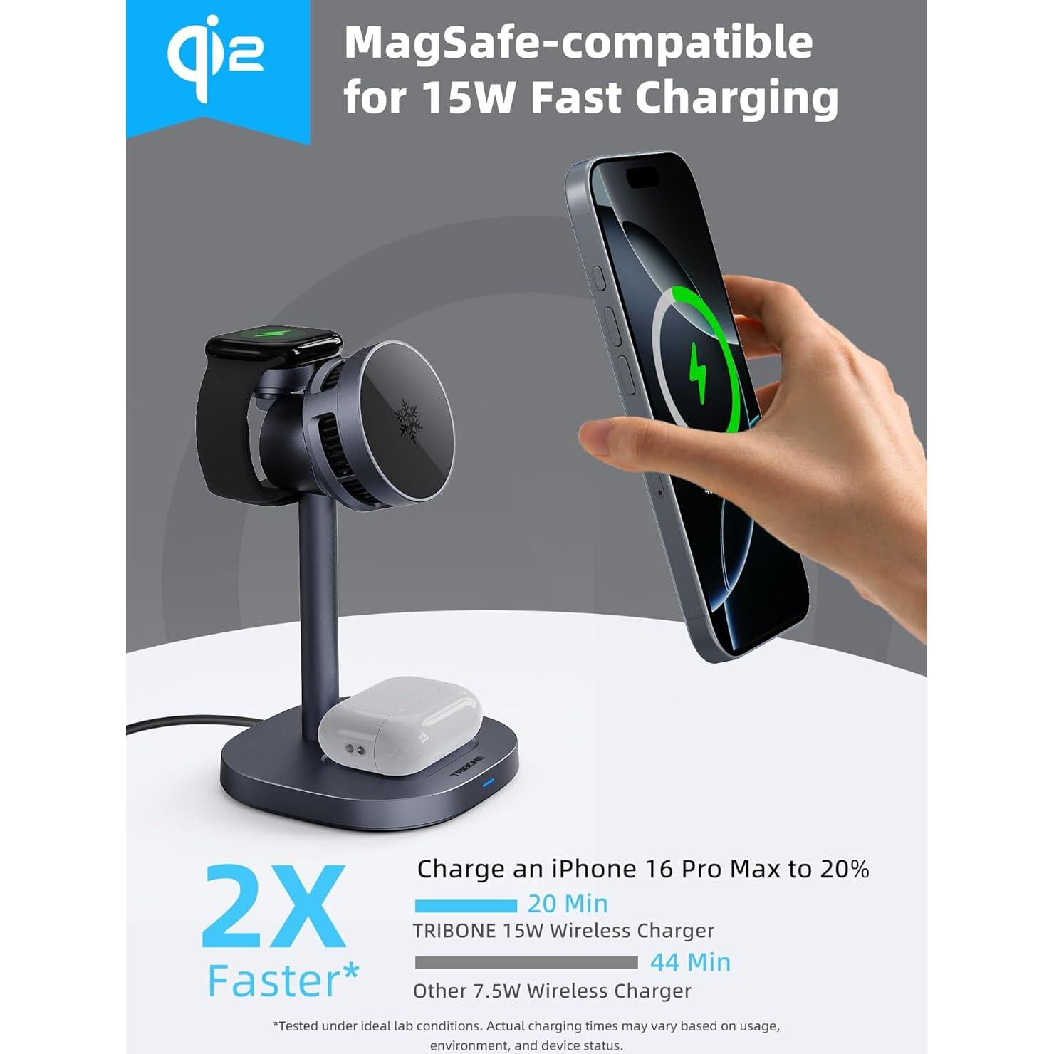 Cargador Inalámbrico 3 en 1 TRIBONE TB-005 Qi2 15W para iPhone 16