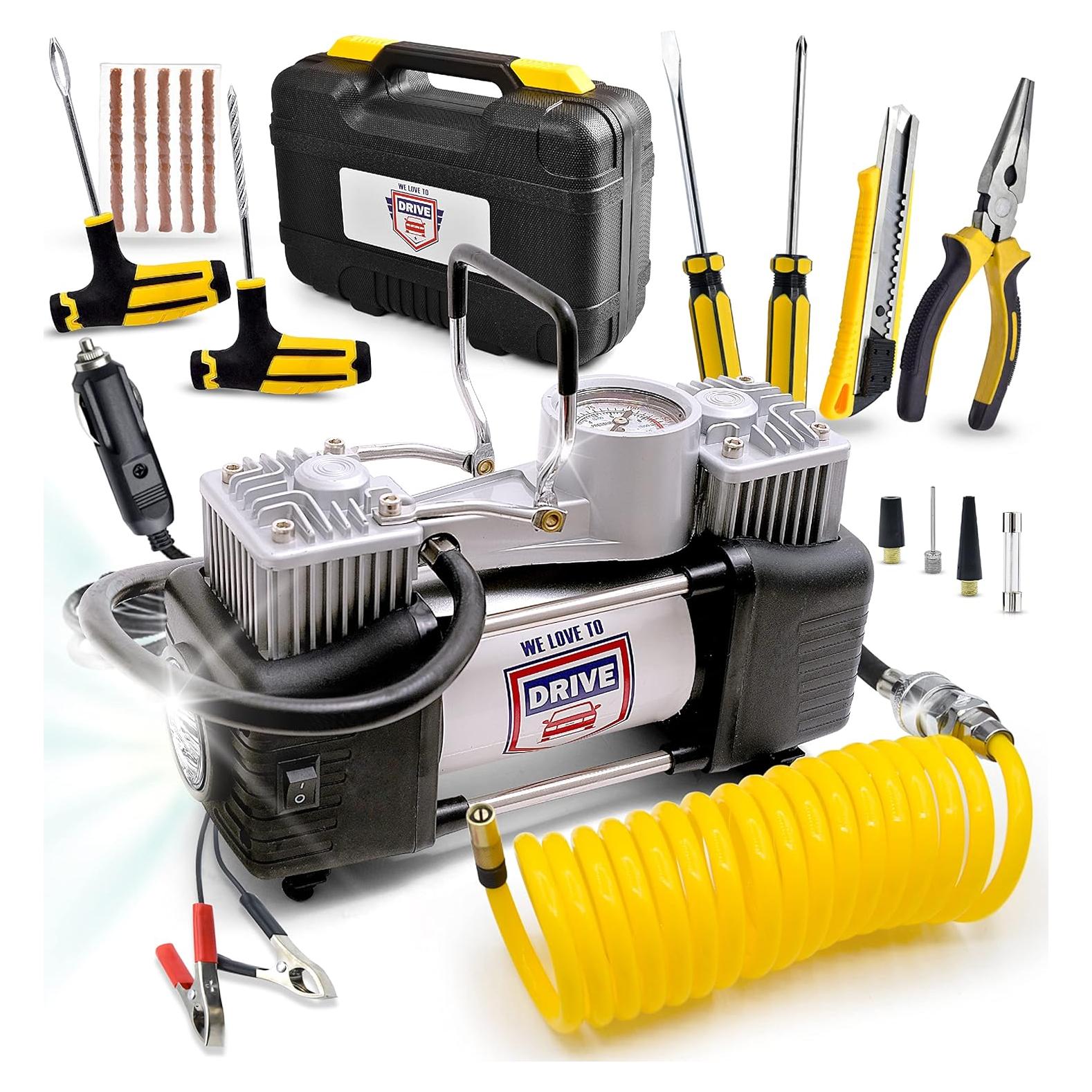 Compresor de Aire Portátil Doble Cilindro 12V 150 PSI con Kit