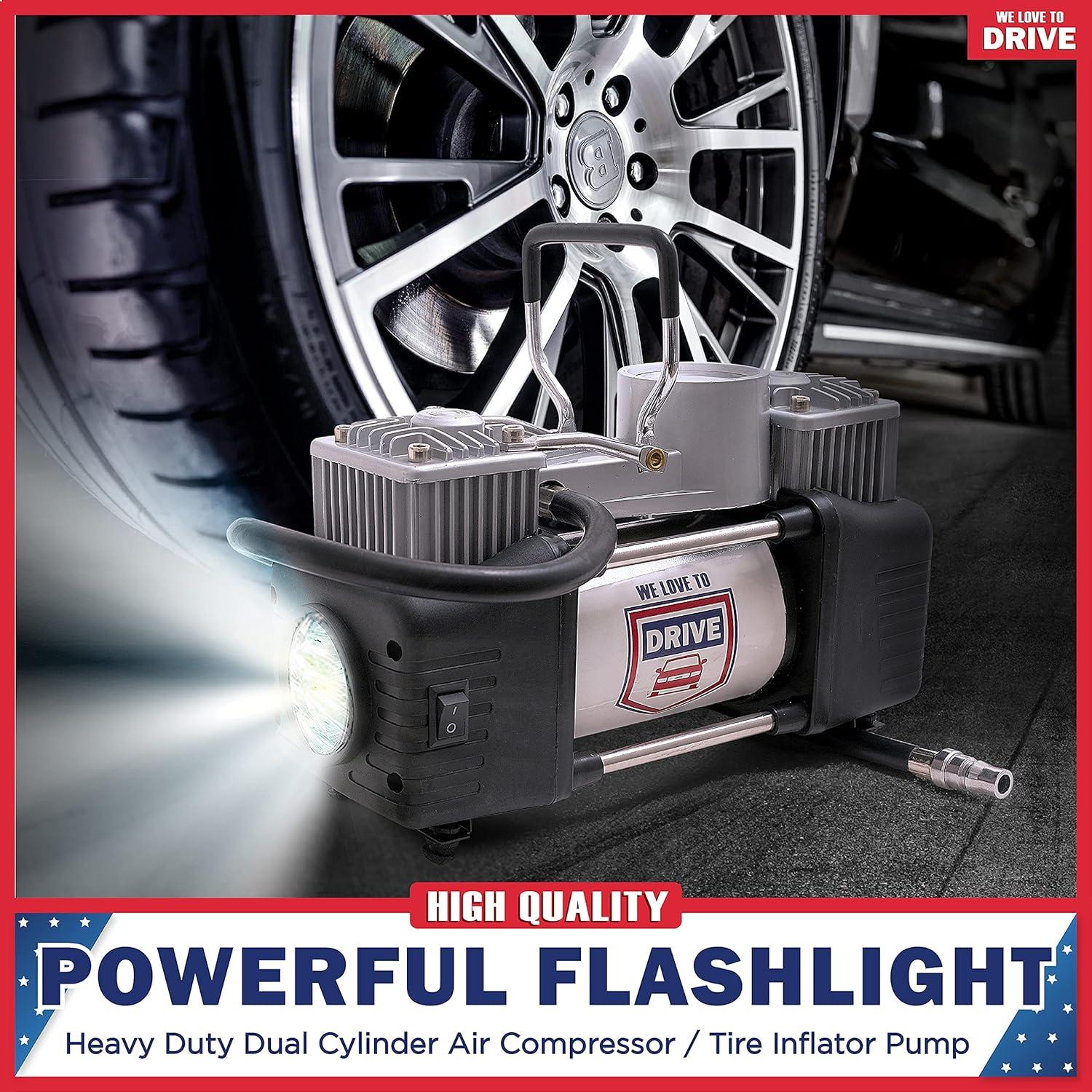 Compresor de Aire Portátil Doble Cilindro 12V 150 PSI con Kit