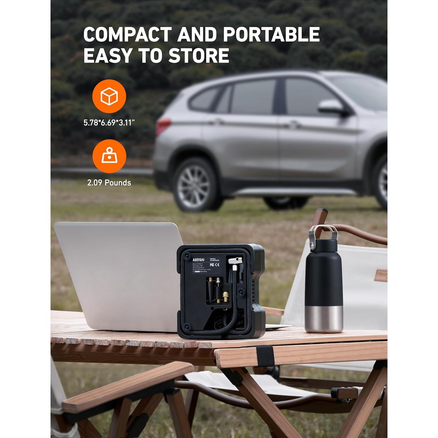 Compresor de Aire Portátil AstroAI 12V 150PSI con Luz LED