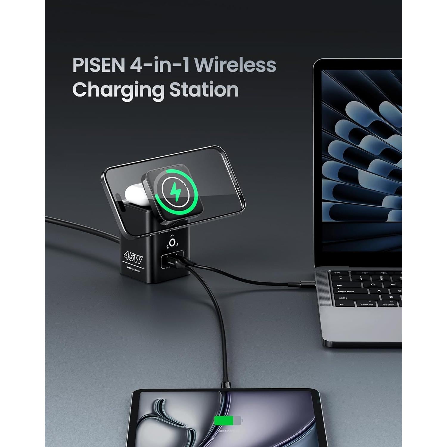Cargador Inalámbrico PISEN 4-en-1 Mag-Safe 45W para Múltiples Dispositivos