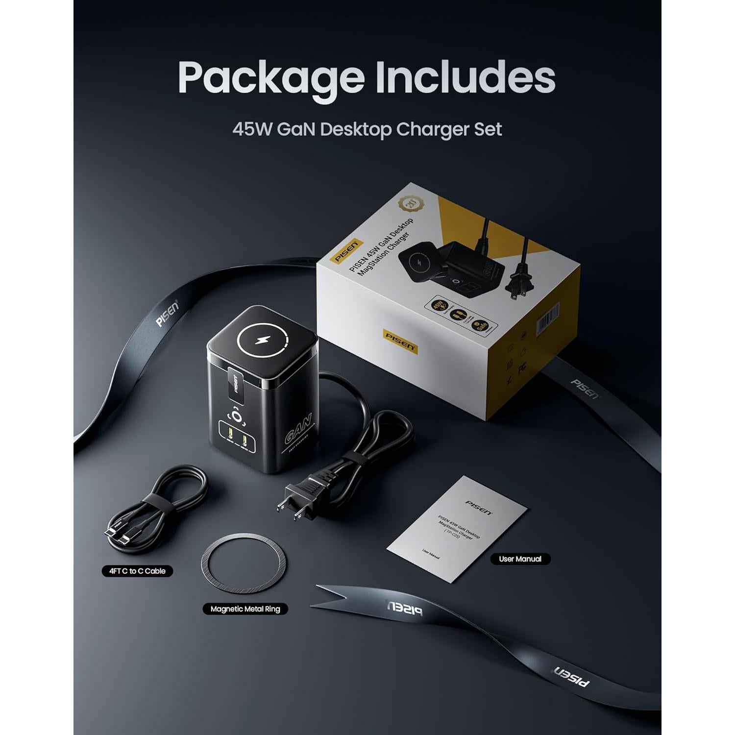 Cargador Inalámbrico PISEN 4-en-1 Mag-Safe 45W para Múltiples Dispositivos