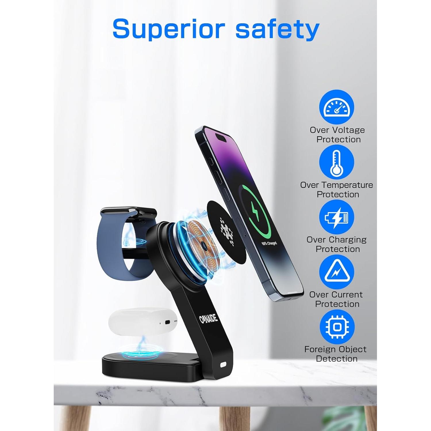 Estación de Carga 3 en 1 OUNAIDE para iPhone, Apple Watch y AirPods