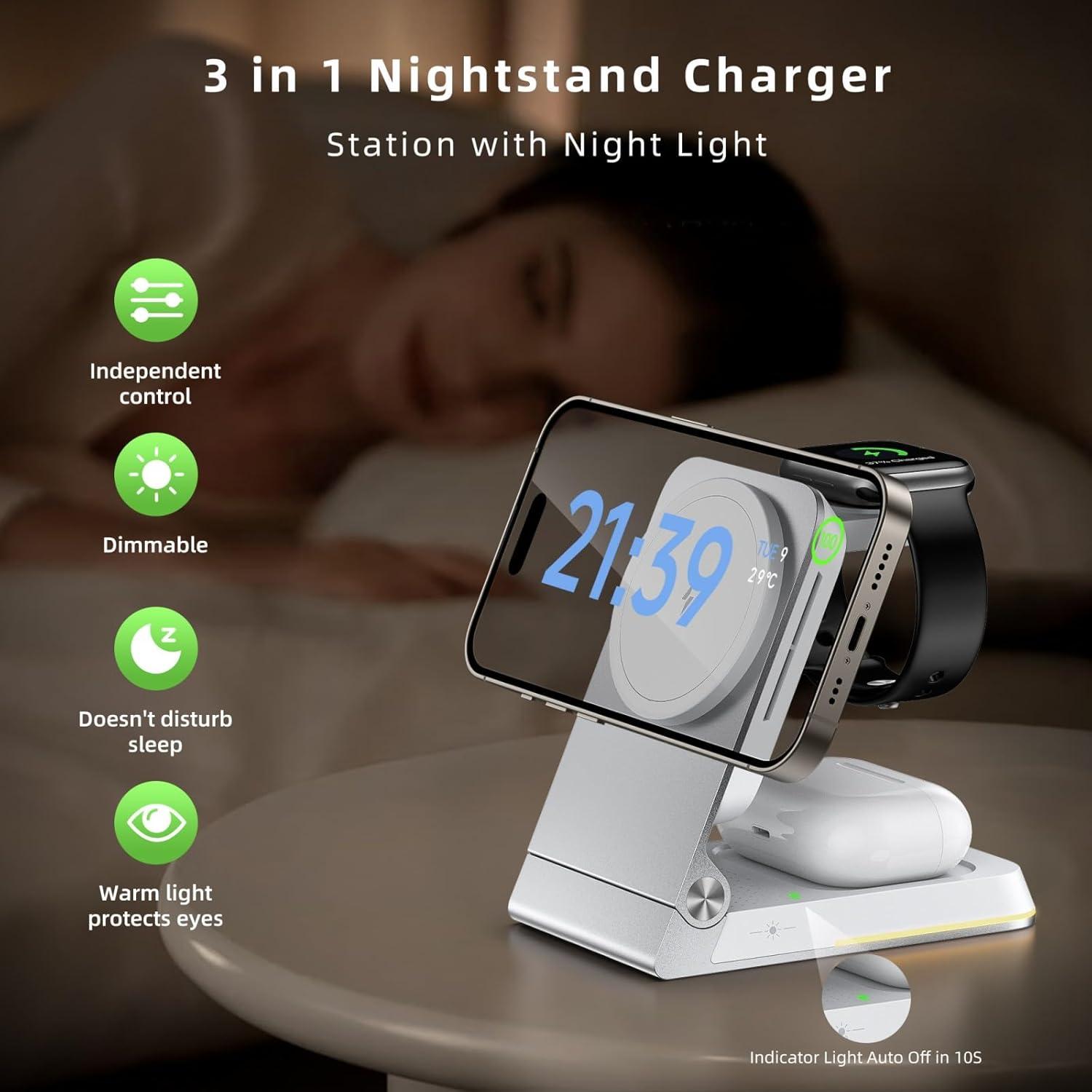 Cargador Inalámbrico 3 en 1 Egognaw Plata para iPhone, Apple Watch y AirPods